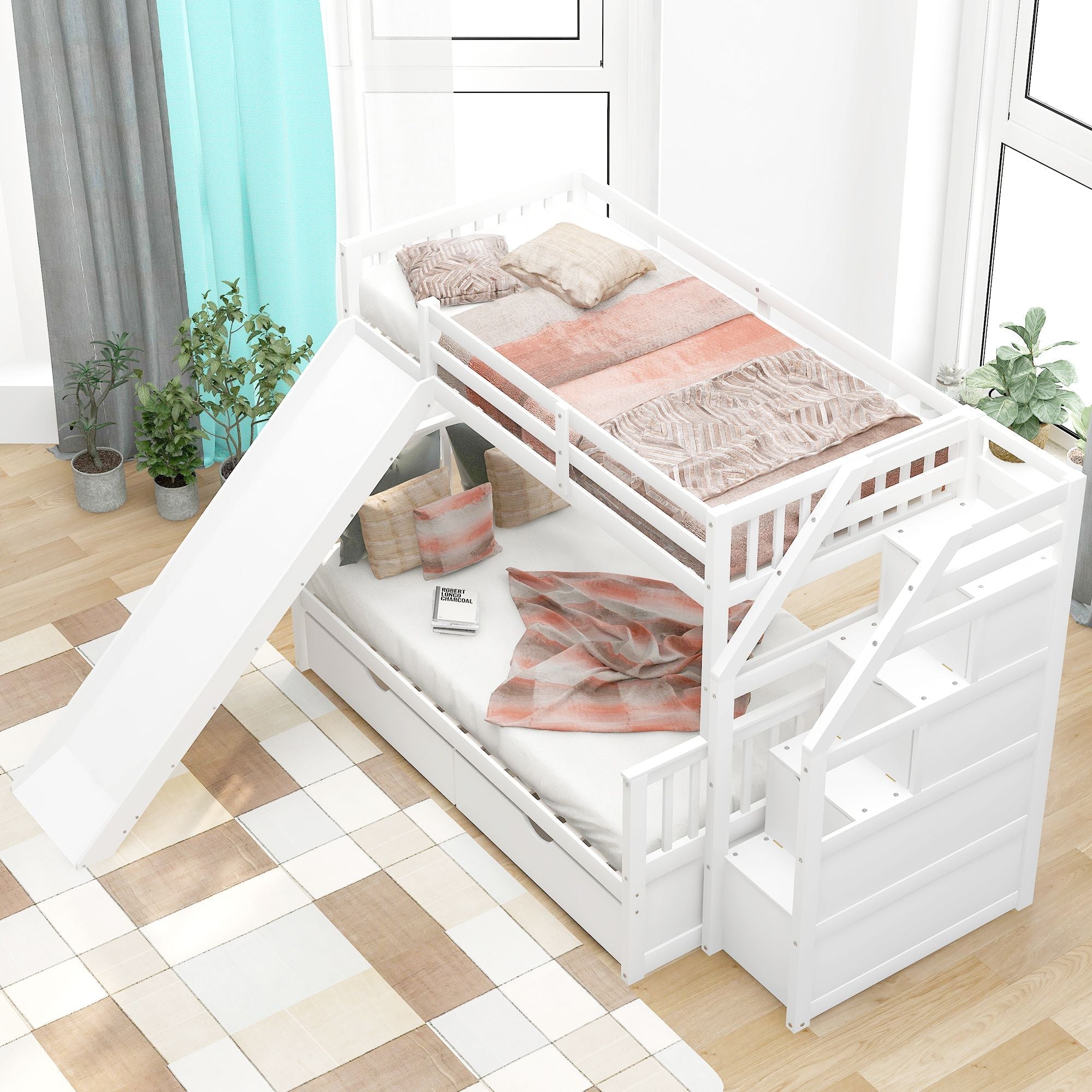 Kids Shared Room Twin Over Full Wood Bunk Bed with Storage Drawers, Slide, and Stairs in White | Just Better Bunk Beds