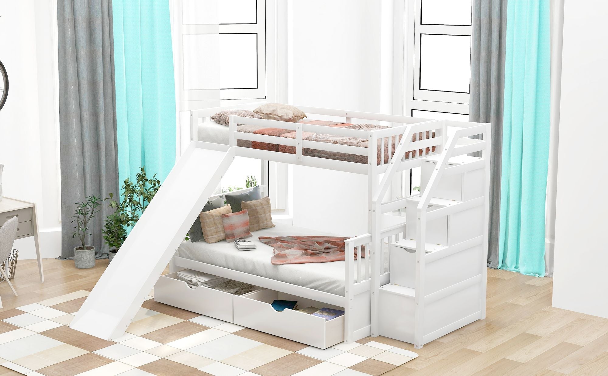 Kids Shared Room Twin Over Full Wood Bunk Bed with Storage Drawers, Slide, and Stairs in White | Just Better Bunk Beds