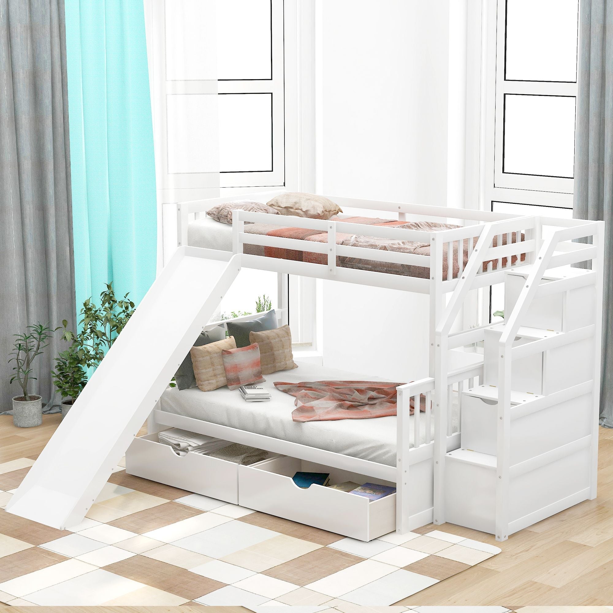 Kids Shared Room Twin Over Full Wood Bunk Bed with Storage Drawers, Slide, and Stairs in White | Just Better Bunk Beds