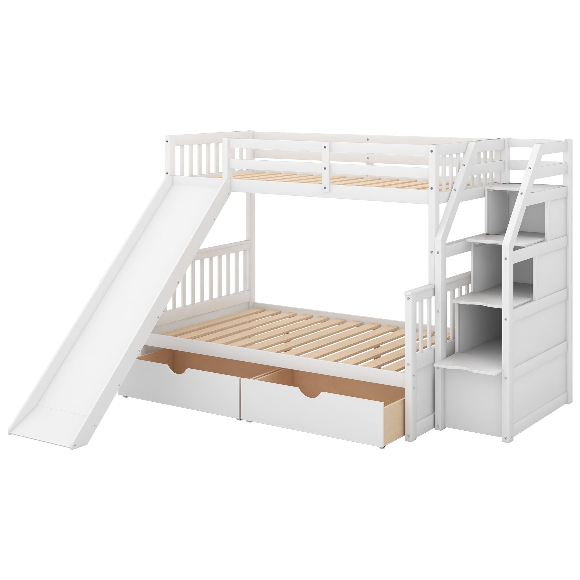 Kids Shared Room Twin Over Full Wood Bunk Bed with Storage Drawers, Slide, and Stairs in White | Just Better Bunk Beds
