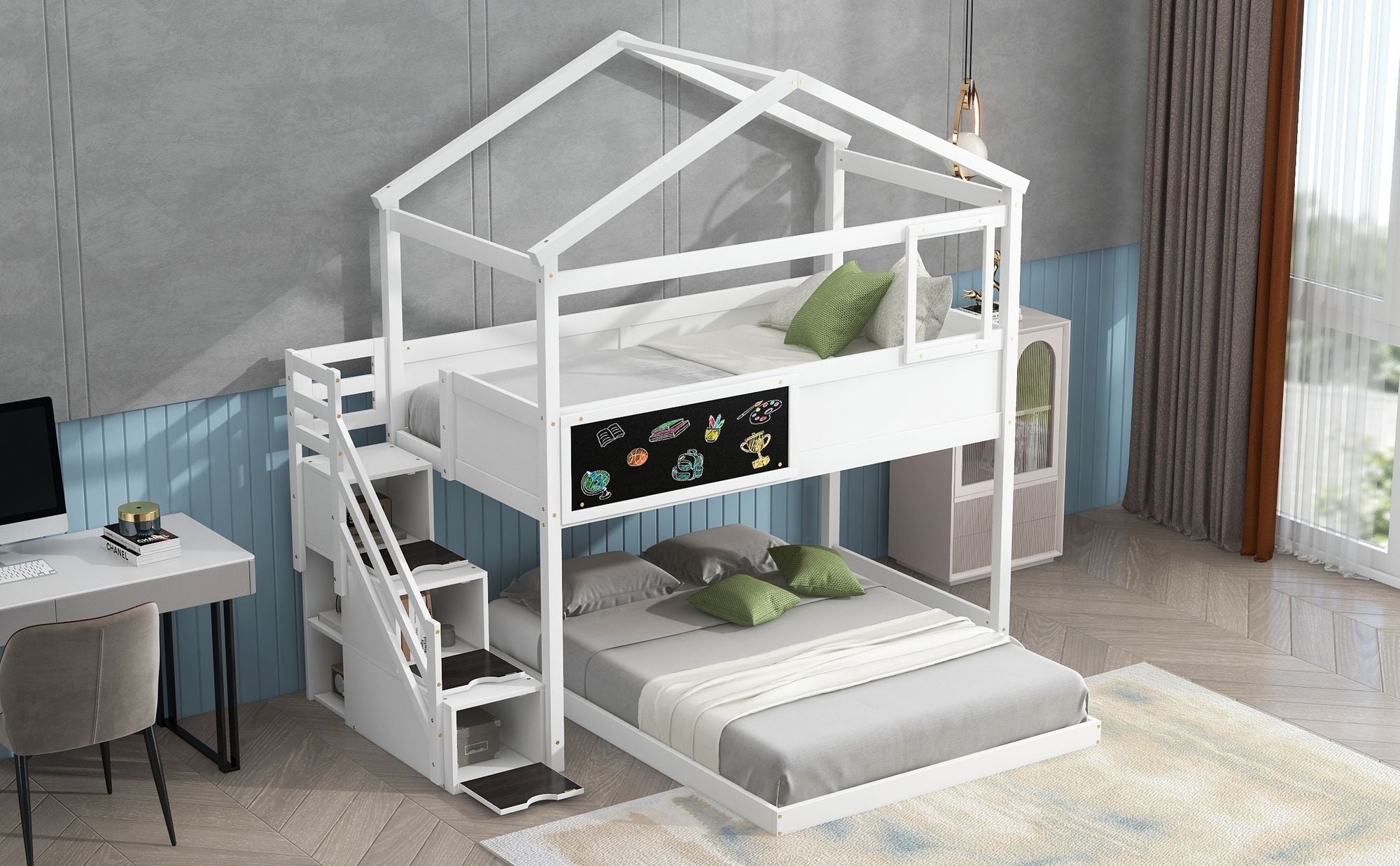 Kids Shared Room Twin Over Full Wood Bunk Bed with Storage Staircase and Blackboard White | Just Better Bunk Beds