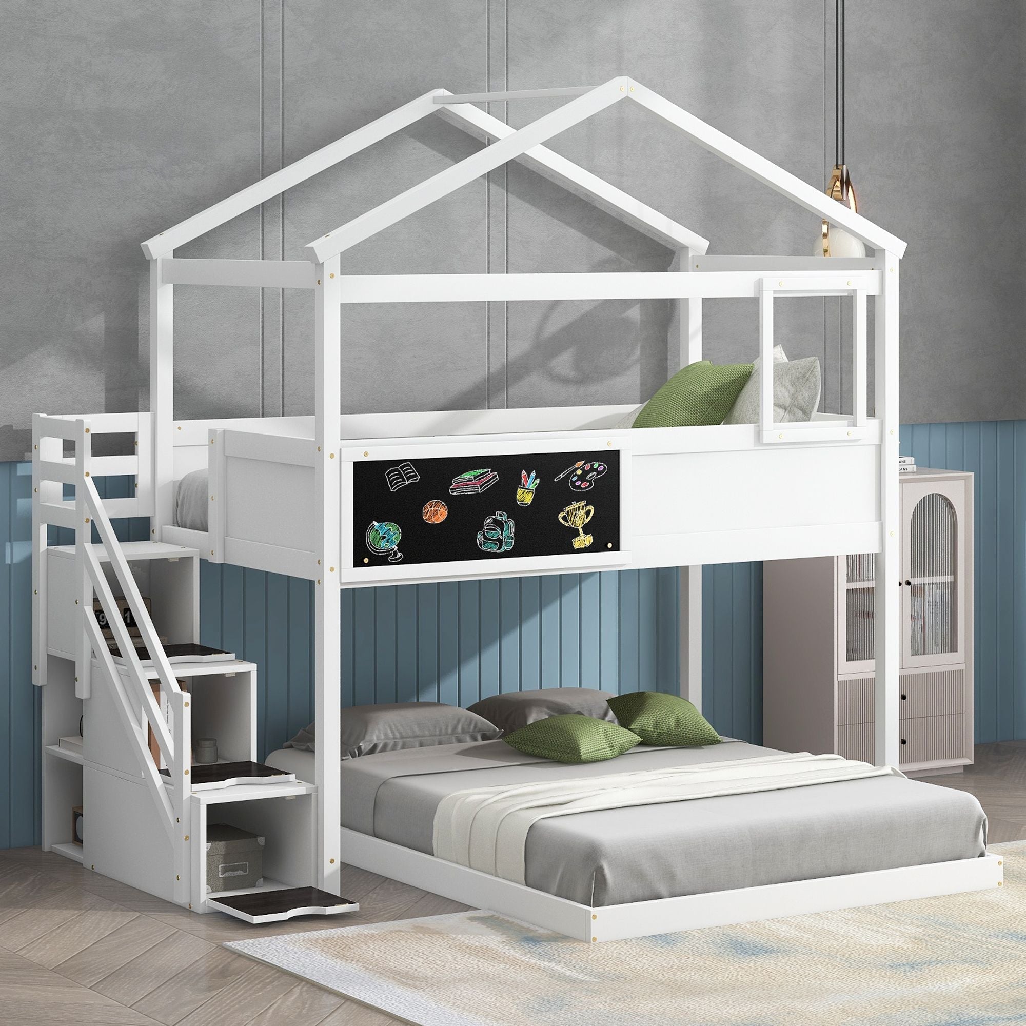 Kids Shared Room Twin Over Full Wood Bunk Bed with Storage Staircase and Blackboard White | Just Better Bunk Beds