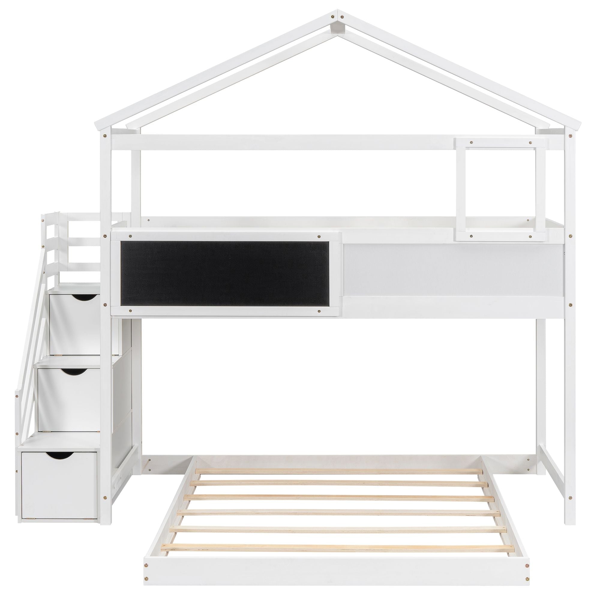 Kids Shared Room Twin Over Full Wood Bunk Bed with Storage Staircase and Blackboard White | Just Better Bunk Beds