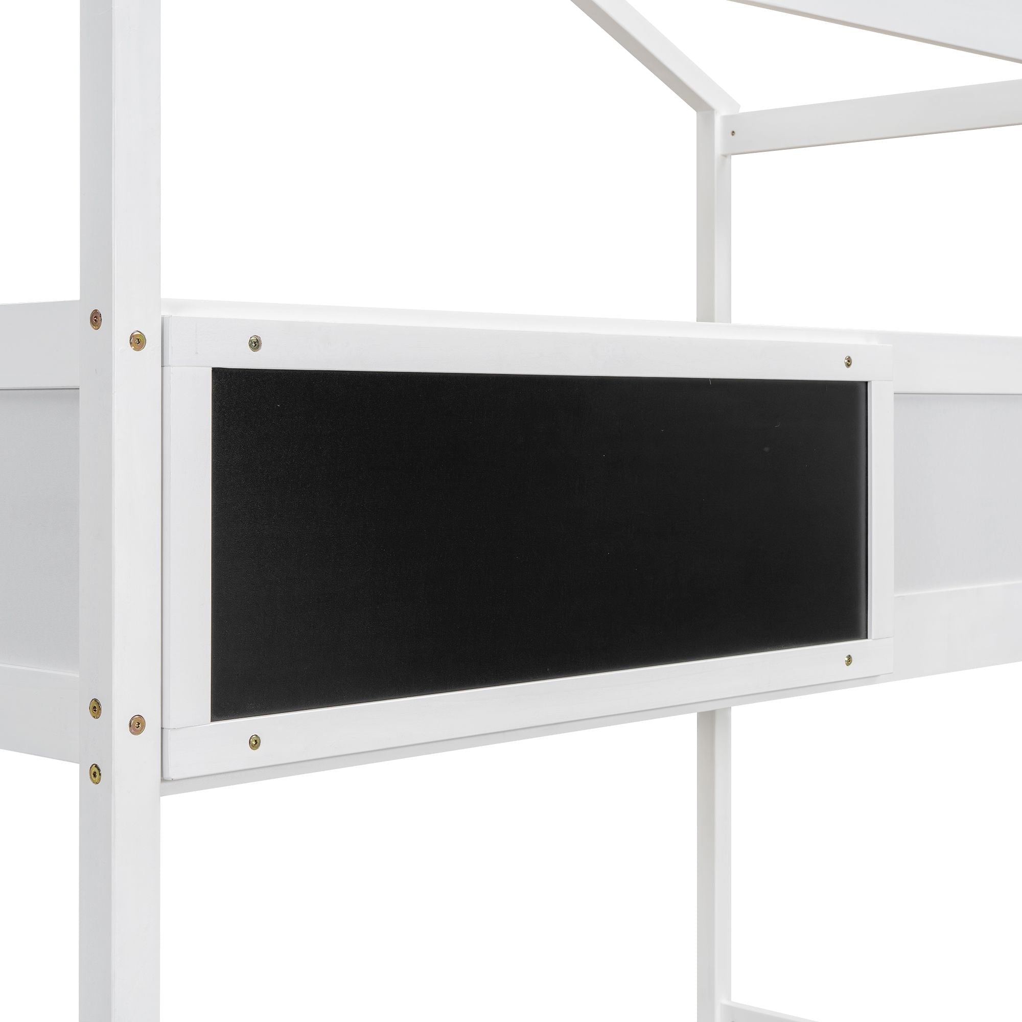 Kids Shared Room Twin Over Full Wood Bunk Bed with Storage Staircase and Blackboard White | Just Better Bunk Beds