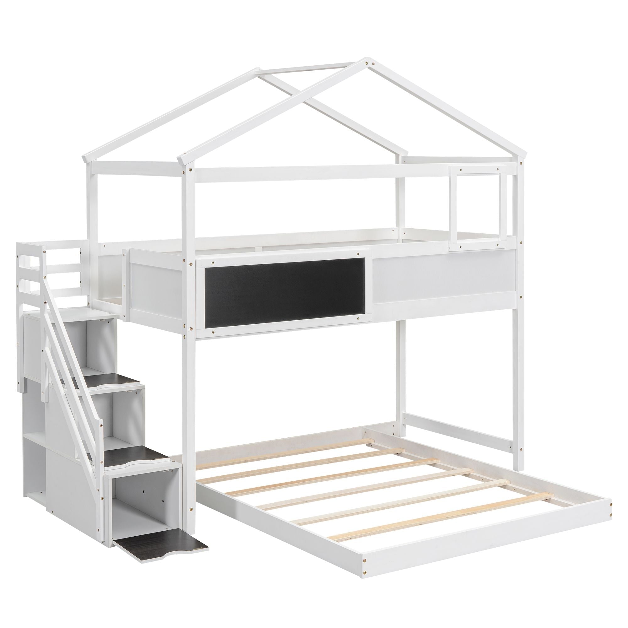 Kids Shared Room Twin Over Full Wood Bunk Bed with Storage Staircase and Blackboard White | Just Better Bunk Beds