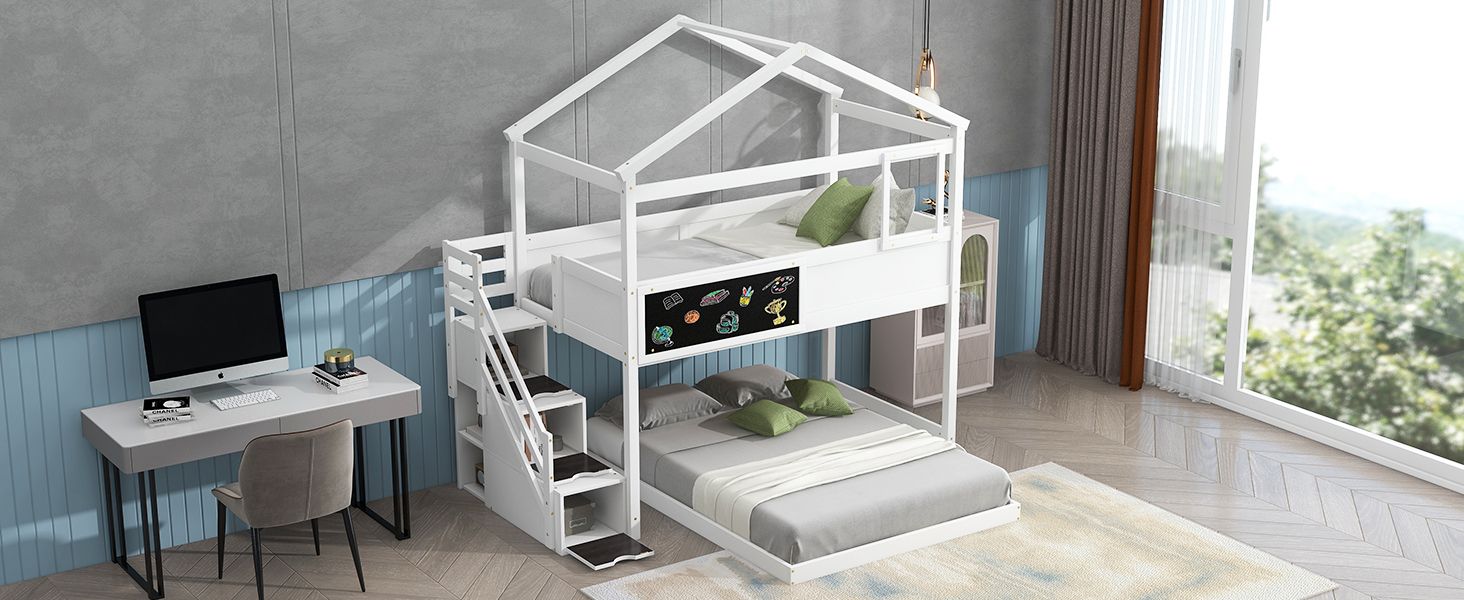 Kids Shared Room Twin Over Full Wood Bunk Bed with Storage Staircase and Blackboard White | Just Better Bunk Beds