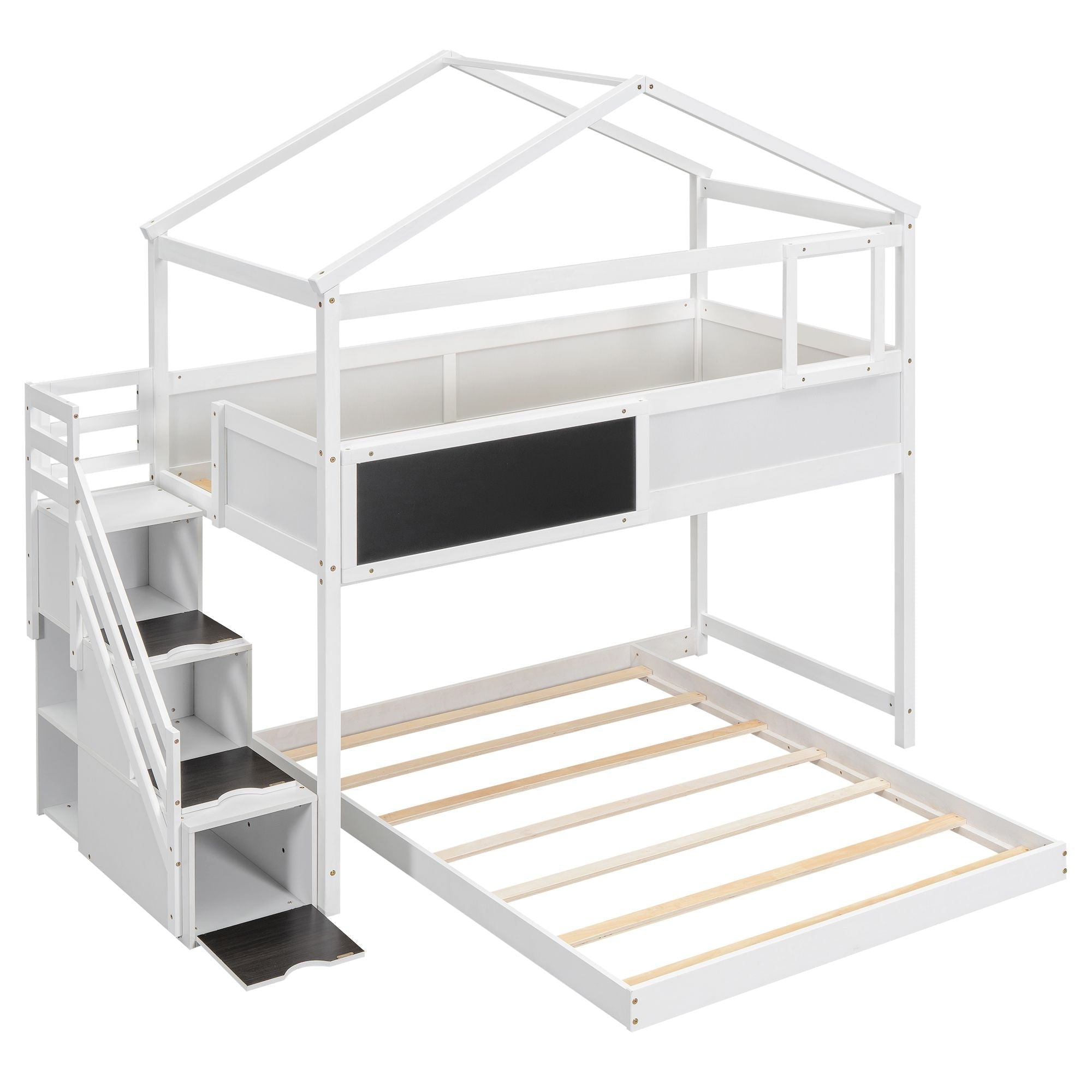 Kids Shared Room Twin Over Full Wood Bunk Bed with Storage Staircase and Blackboard White | Just Better Bunk Beds
