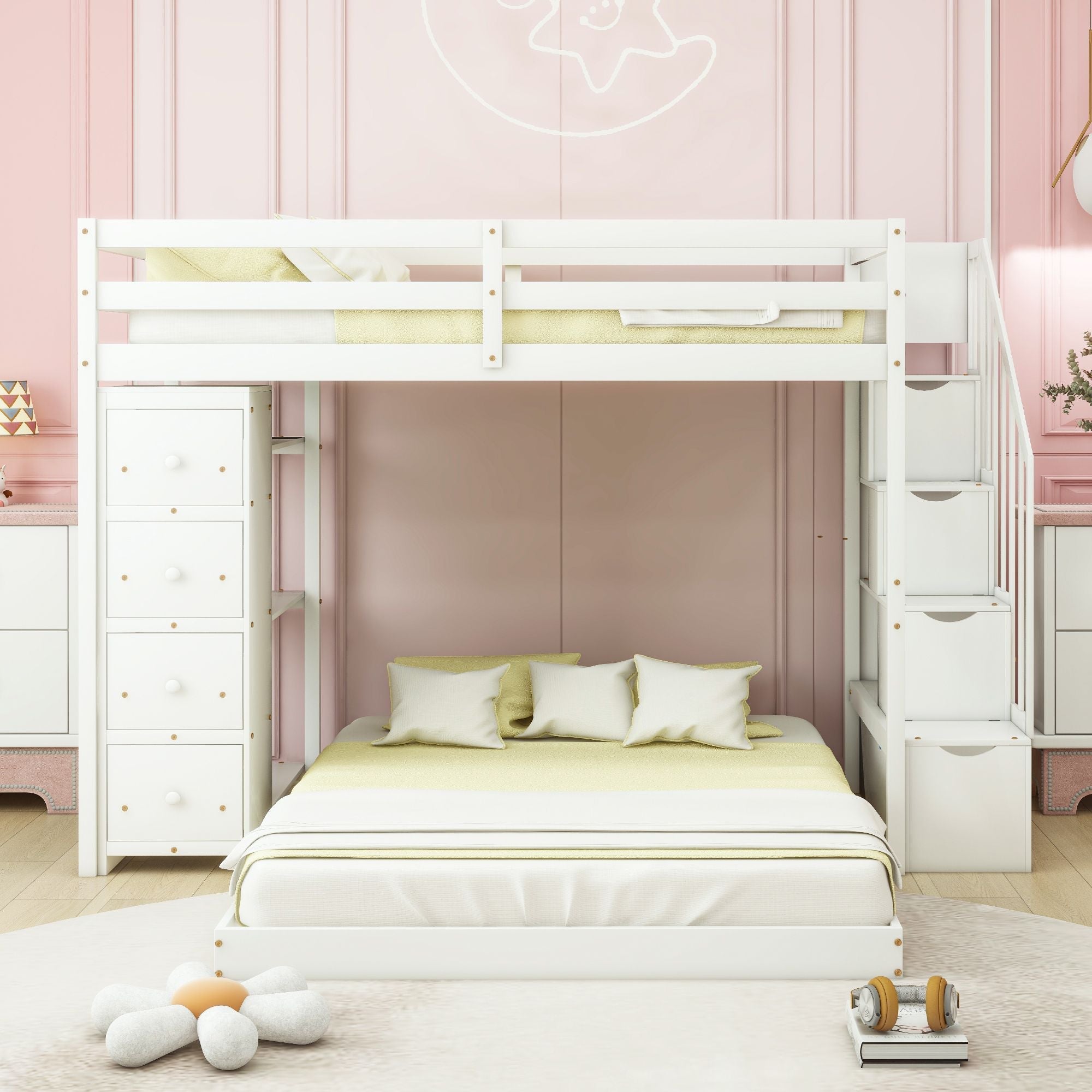 Kids Shared Room Twin Over Full Wood Bunk Bed with Storage Stairs, Shelves, Drawers White | Just Better Bunk Beds