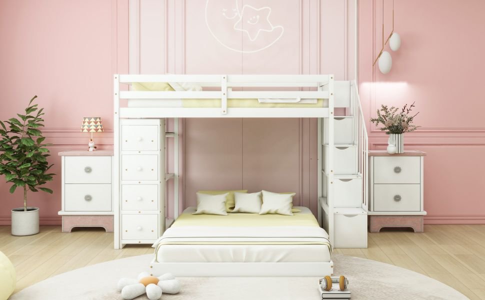 Kids Shared Room Twin Over Full Wood Bunk Bed with Storage Stairs, Shelves, Drawers White | Just Better Bunk Beds