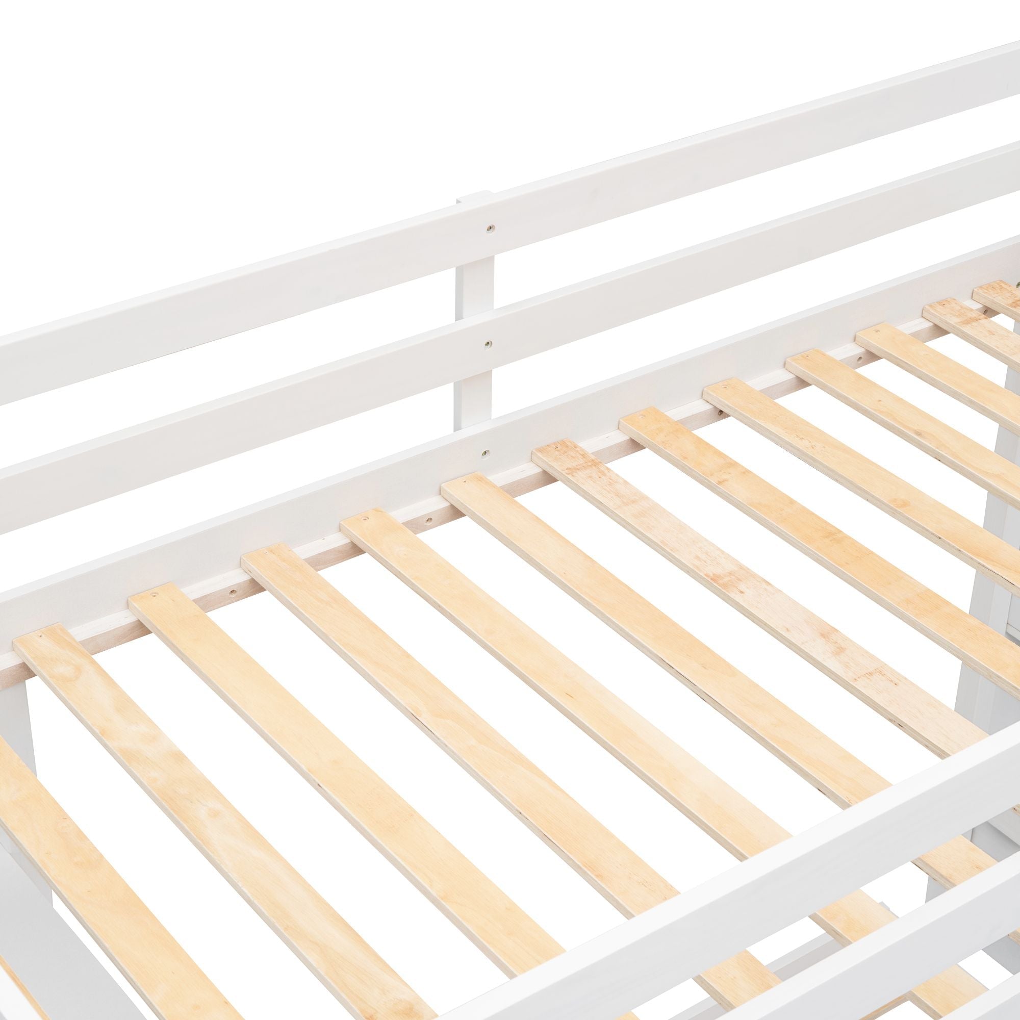 Kids Shared Room Twin Over Full Wood Bunk Bed with Storage Stairs, Shelves, Drawers White | Just Better Bunk Beds