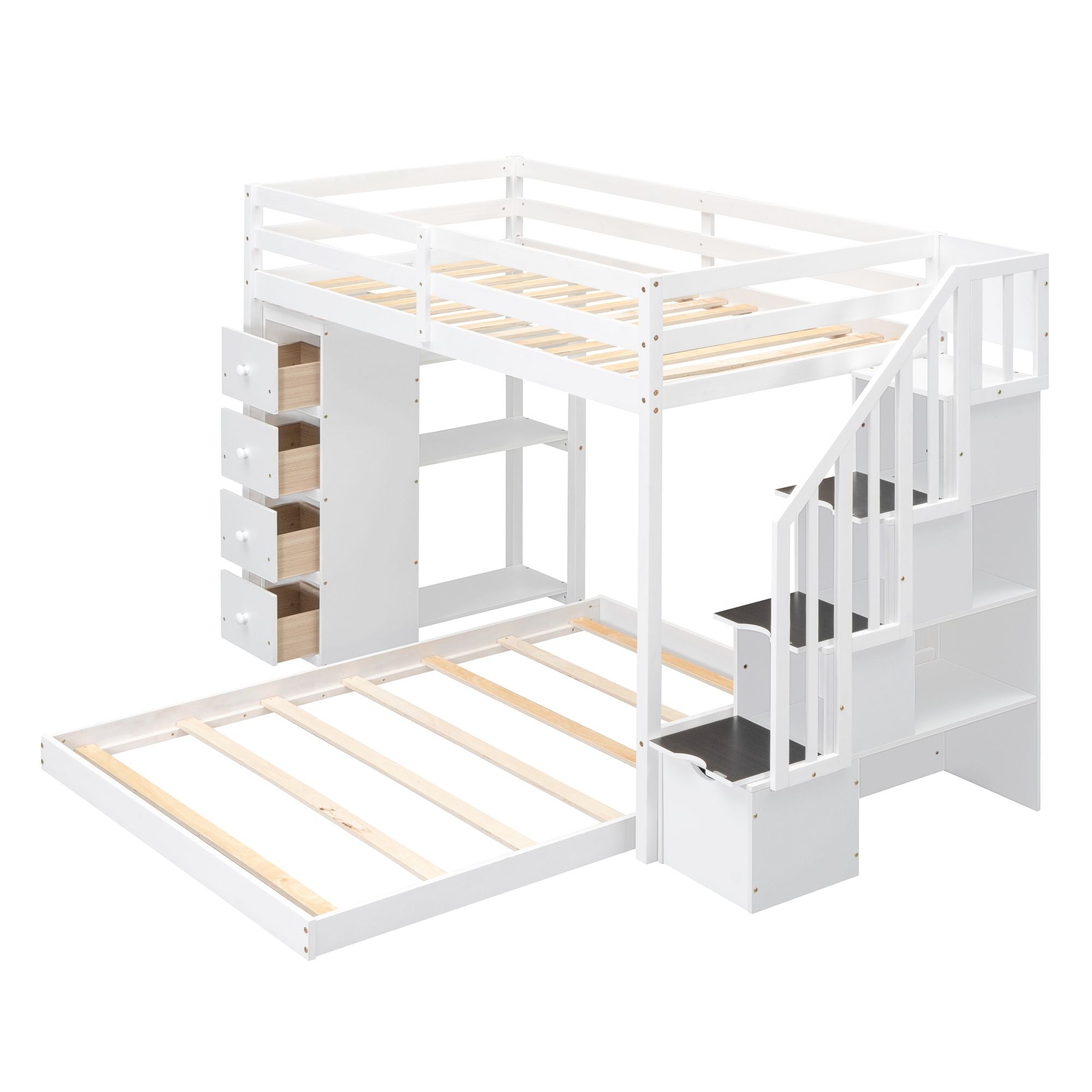 Kids Shared Room Twin Over Full Wood Bunk Bed with Storage Stairs, Shelves, Drawers White | Just Better Bunk Beds