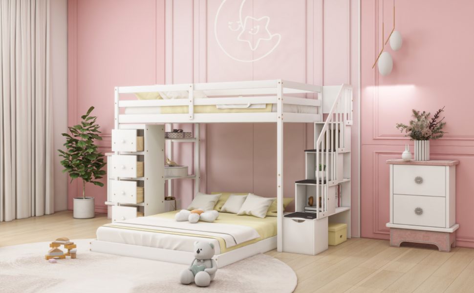 Kids Shared Room Twin Over Full Wood Bunk Bed with Storage Stairs, Shelves, Drawers White | Just Better Bunk Beds
