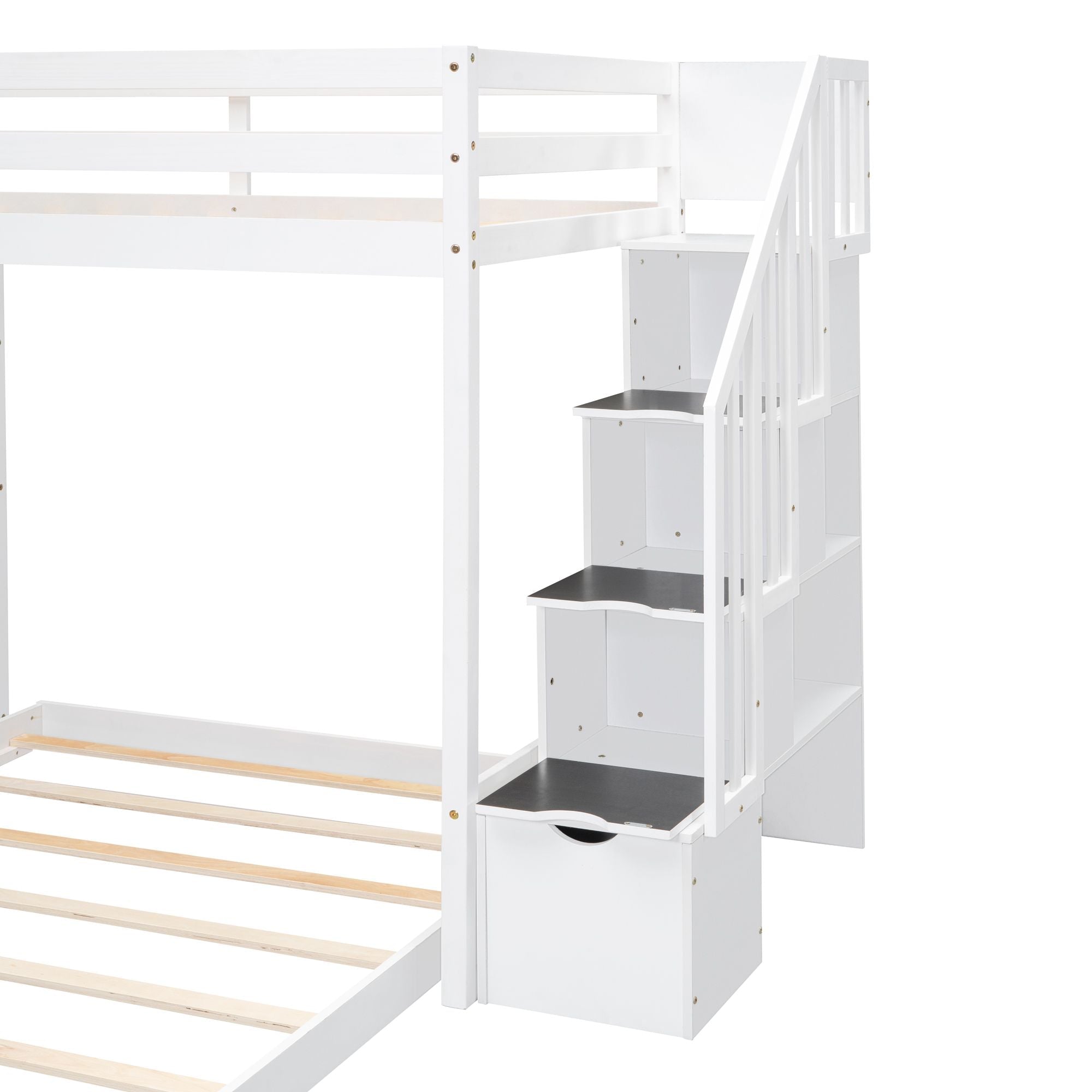 Kids Shared Room Twin Over Full Wood Bunk Bed with Storage Stairs, Shelves, Drawers White | Just Better Bunk Beds