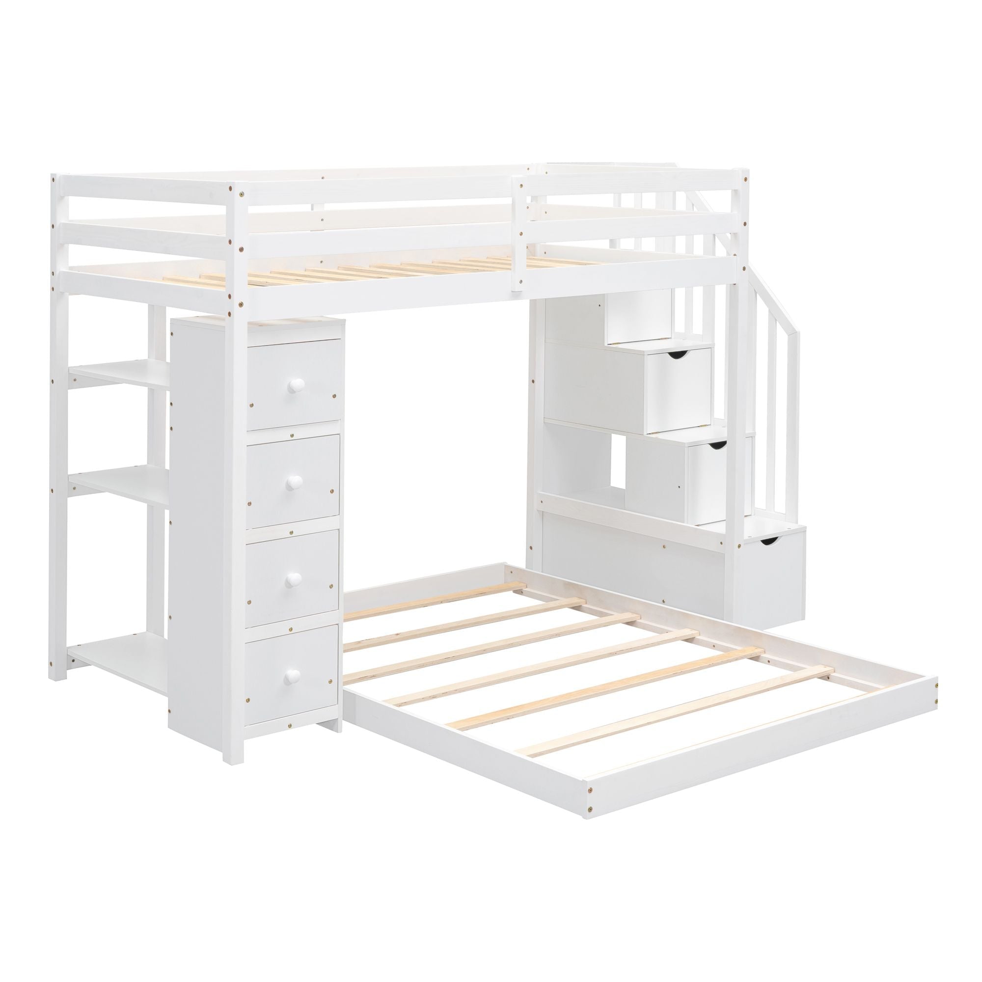 Kids Shared Room Twin Over Full Wood Bunk Bed with Storage Stairs, Shelves, Drawers White | Just Better Bunk Beds
