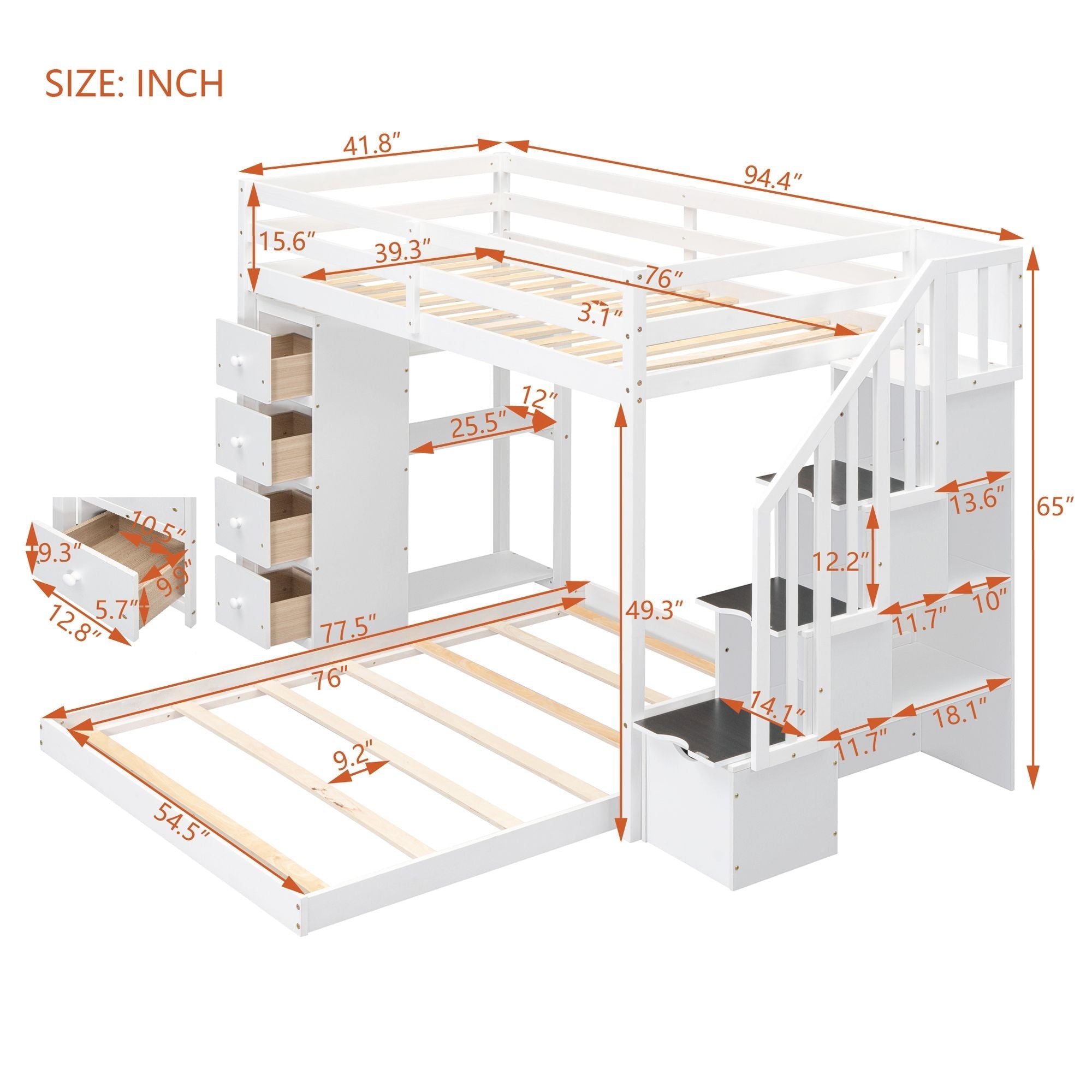 Kids Shared Room Twin Over Full Wood Bunk Bed with Storage Stairs, Shelves, Drawers White | Just Better Bunk Beds