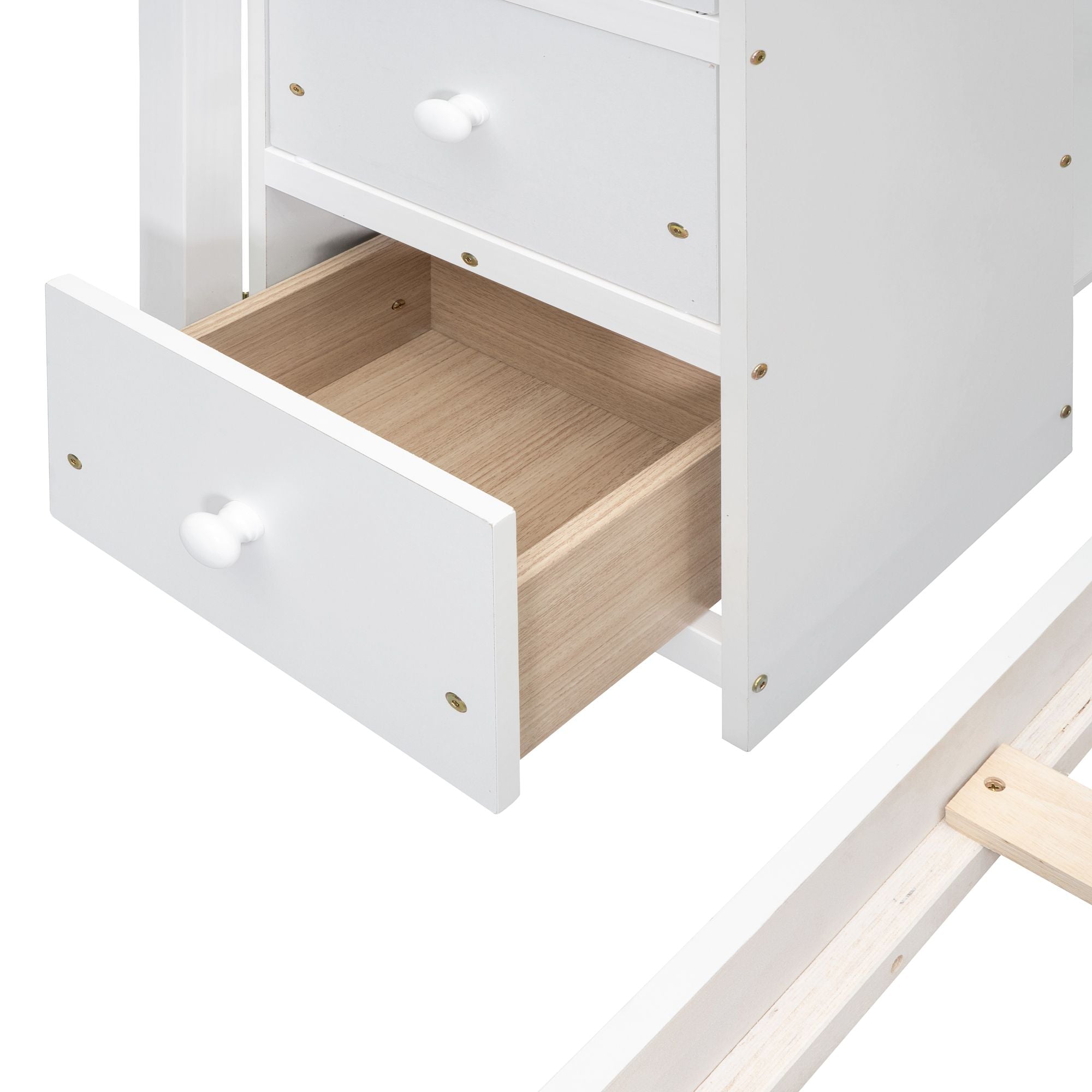 Kids Shared Room Twin Over Full Wood Bunk Bed with Storage Stairs, Shelves, Drawers White | Just Better Bunk Beds