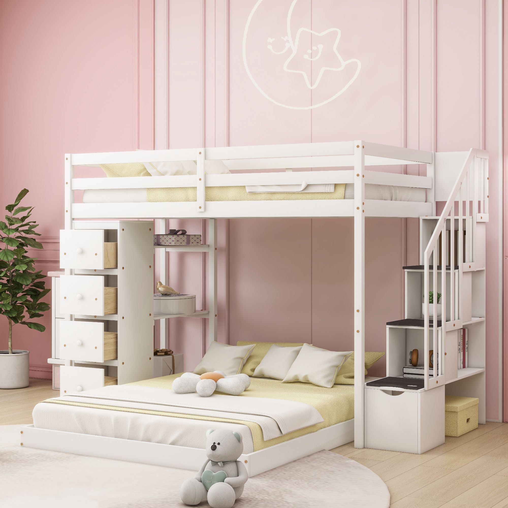 Kids Shared Room Twin Over Full Wood Bunk Bed with Storage Stairs, Shelves, Drawers White | Just Better Bunk Beds