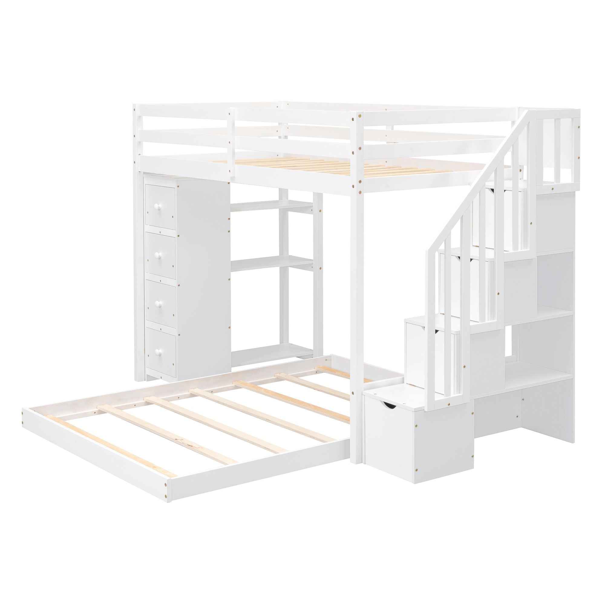 Kids Shared Room Twin Over Full Wood Bunk Bed with Storage Stairs, Shelves, Drawers White | Just Better Bunk Beds