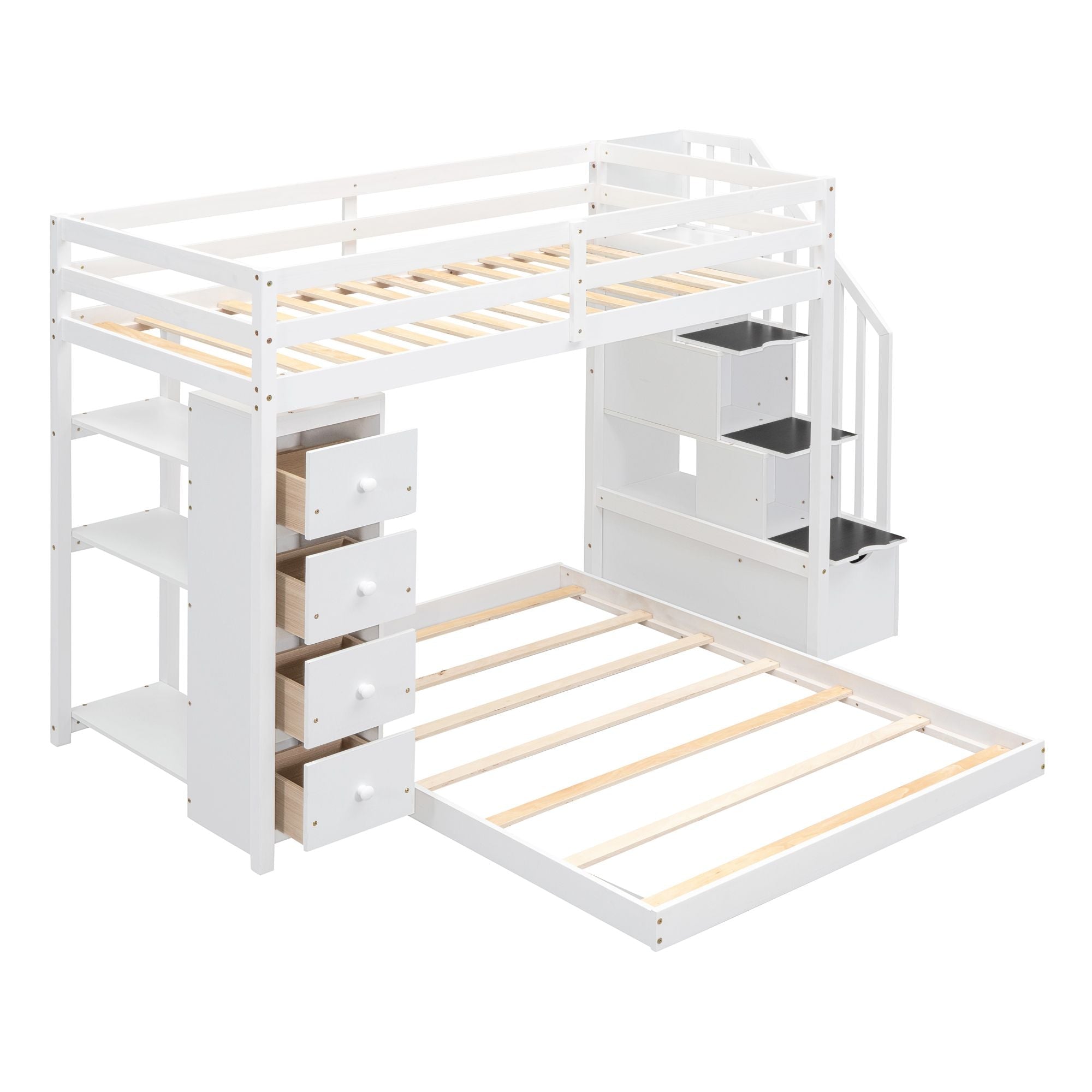 Kids Shared Room Twin Over Full Wood Bunk Bed with Storage Stairs, Shelves, Drawers White | Just Better Bunk Beds