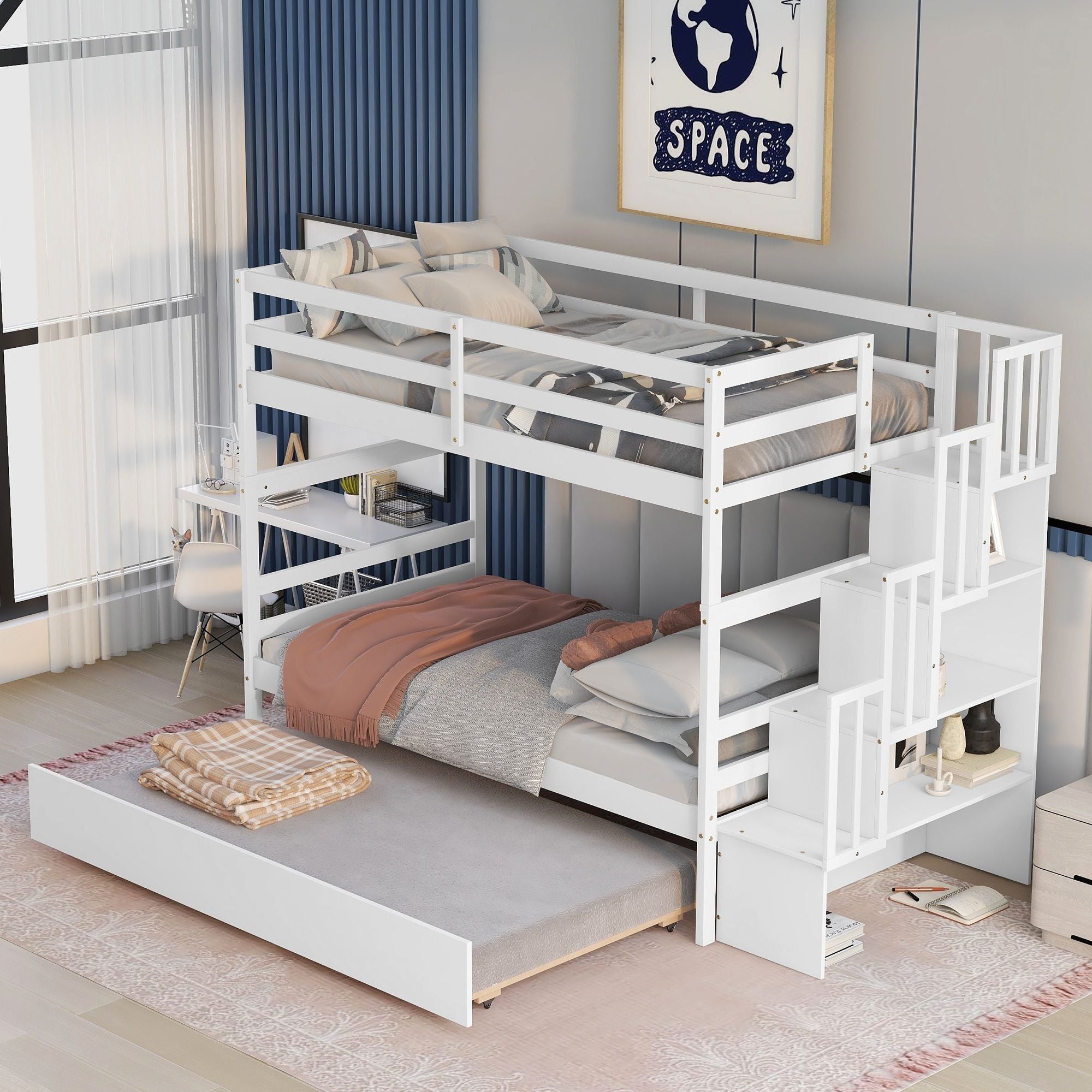 Kids Shared Room Twin over Twin Bunk Bed with Trundle and Stairway Storage White Wood | Just Better Bunk Beds