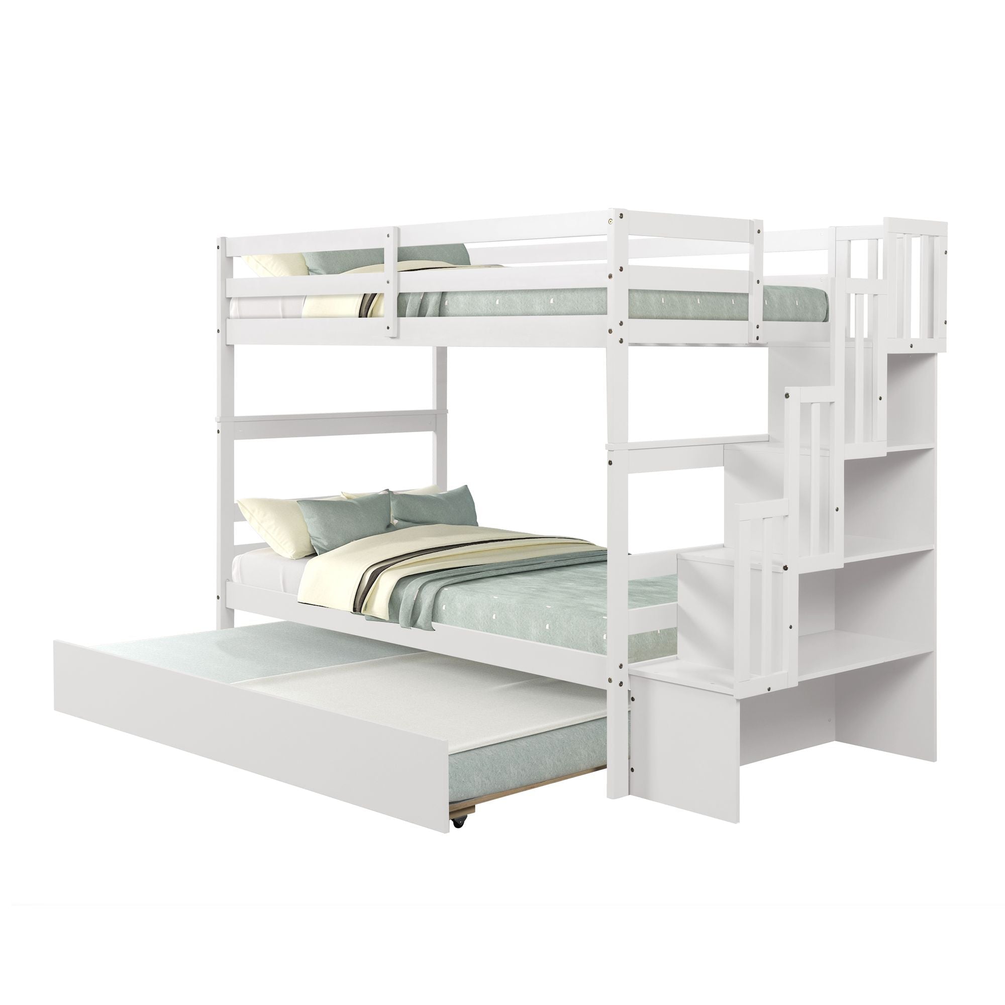 Kids Shared Room Twin over Twin Bunk Bed with Trundle and Stairway Storage White Wood | Just Better Bunk Beds