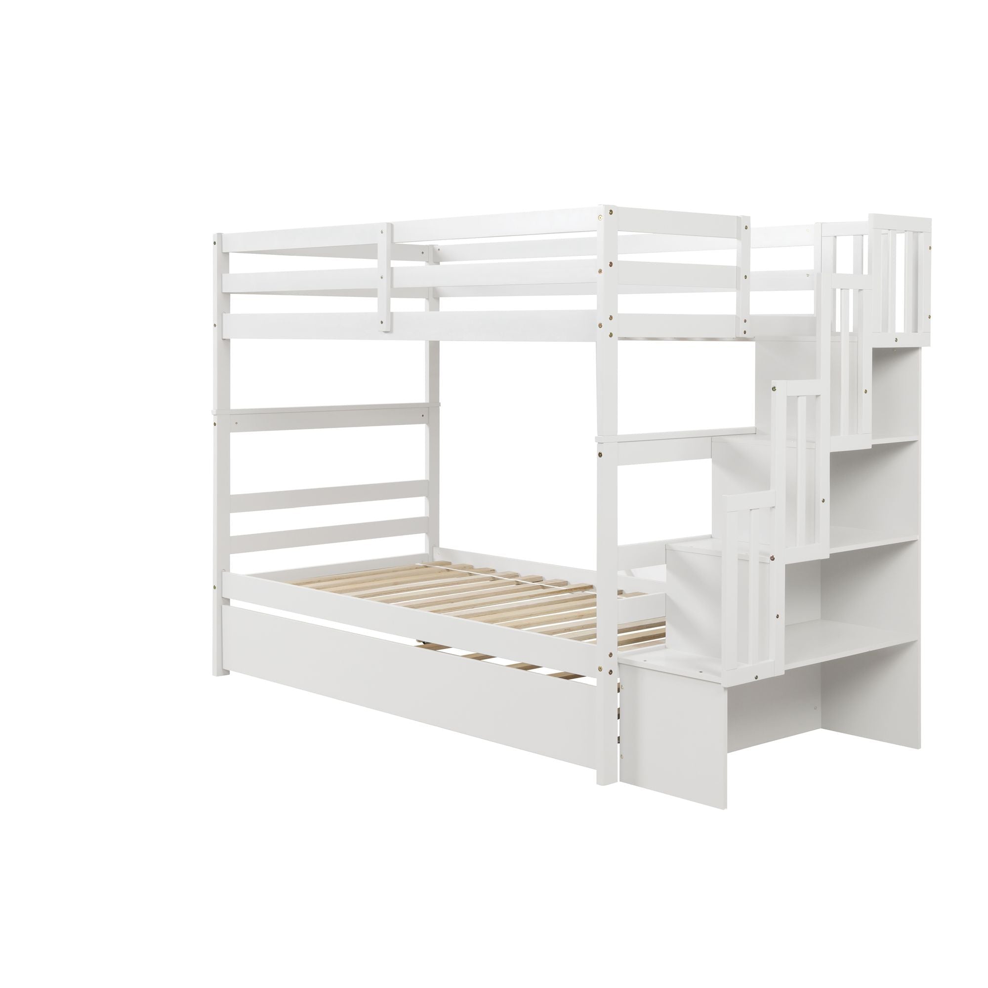 Kids Shared Room Twin over Twin Bunk Bed with Trundle and Stairway Storage White Wood | Just Better Bunk Beds