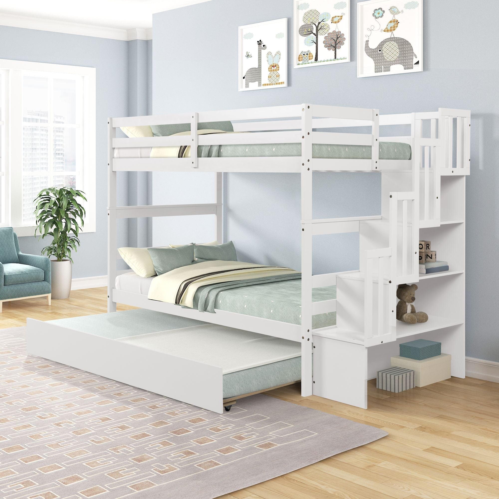 Kids Shared Room Twin over Twin Bunk Bed with Trundle and Stairway Storage White Wood | Just Better Bunk Beds