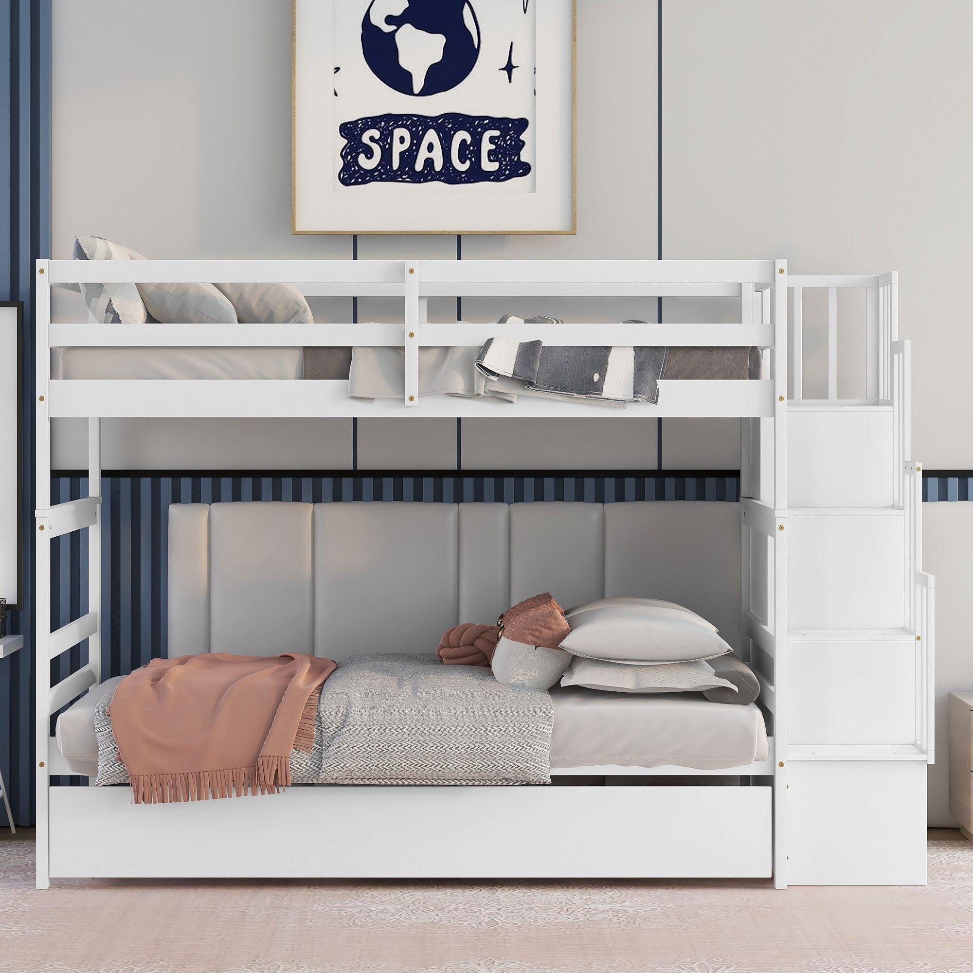 Kids Shared Room Twin over Twin Bunk Bed with Trundle and Stairway Storage White Wood | Just Better Bunk Beds