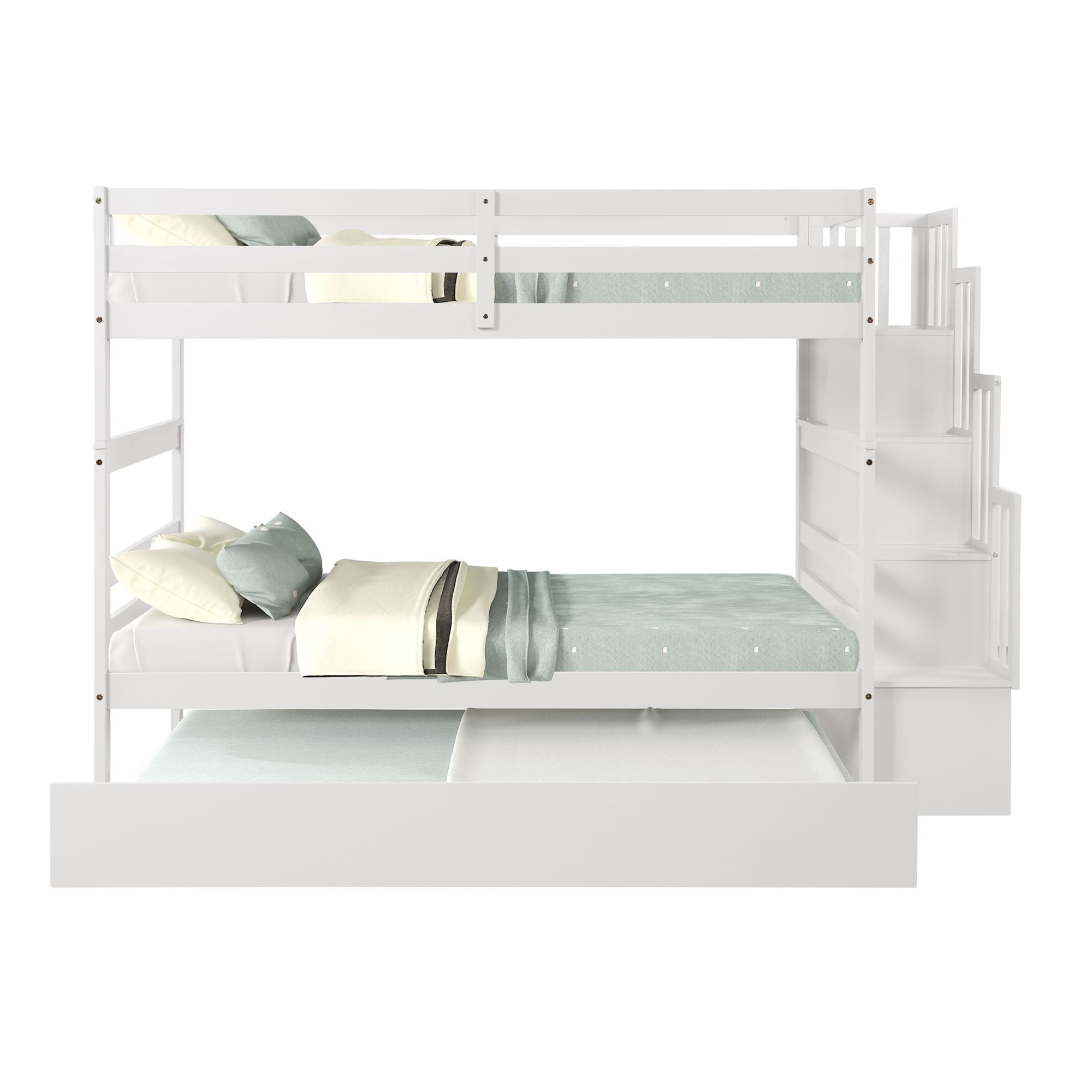 Kids Shared Room Twin over Twin Bunk Bed with Trundle and Stairway Storage White Wood | Just Better Bunk Beds