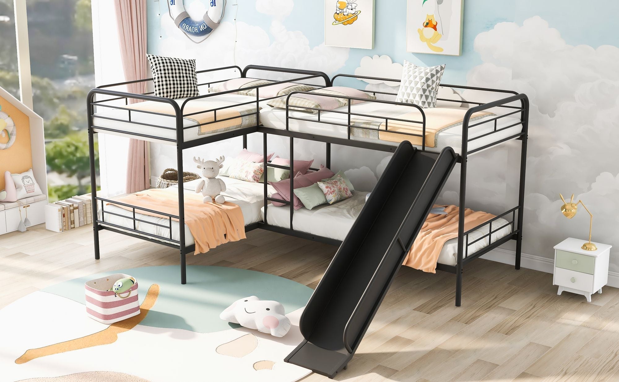 Kids Shared Room Twin Over Twin L-Shaped Metal Bunk Bed with Slide and Ladder, Black | Just Better Bunk Beds