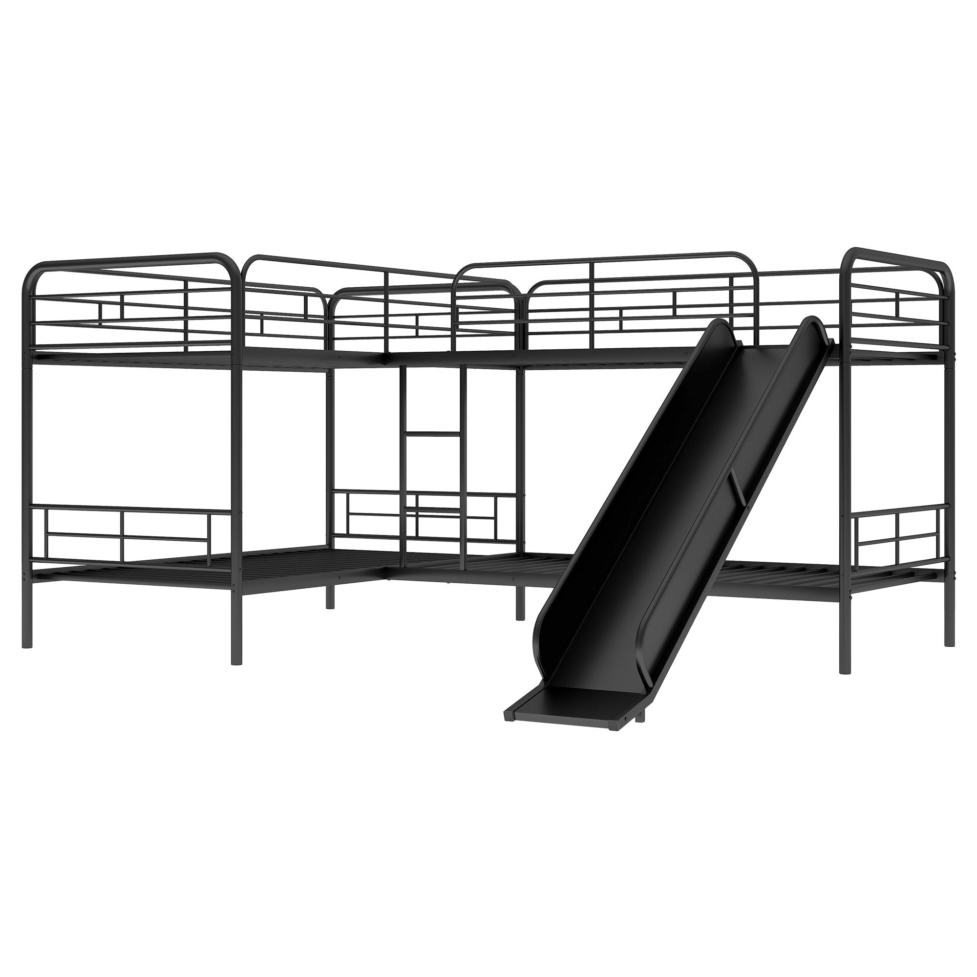 Kids Shared Room Twin Over Twin L-Shaped Metal Bunk Bed with Slide and Ladder, Black | Just Better Bunk Beds