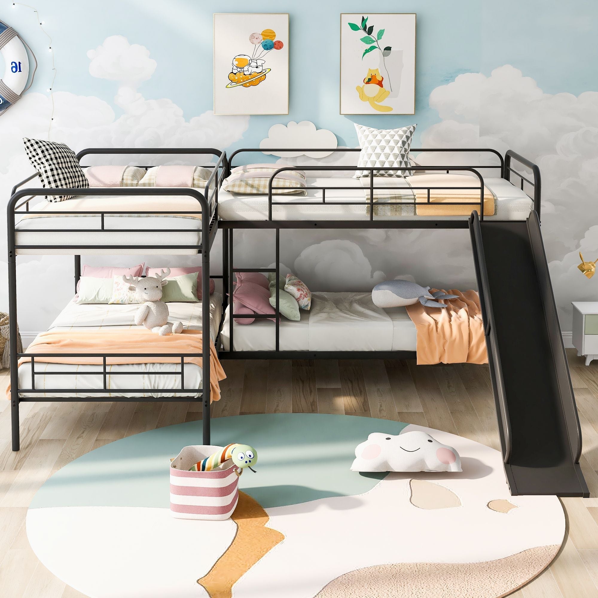 Kids Shared Room Twin Over Twin L-Shaped Metal Bunk Bed with Slide and Ladder, Black | Just Better Bunk Beds