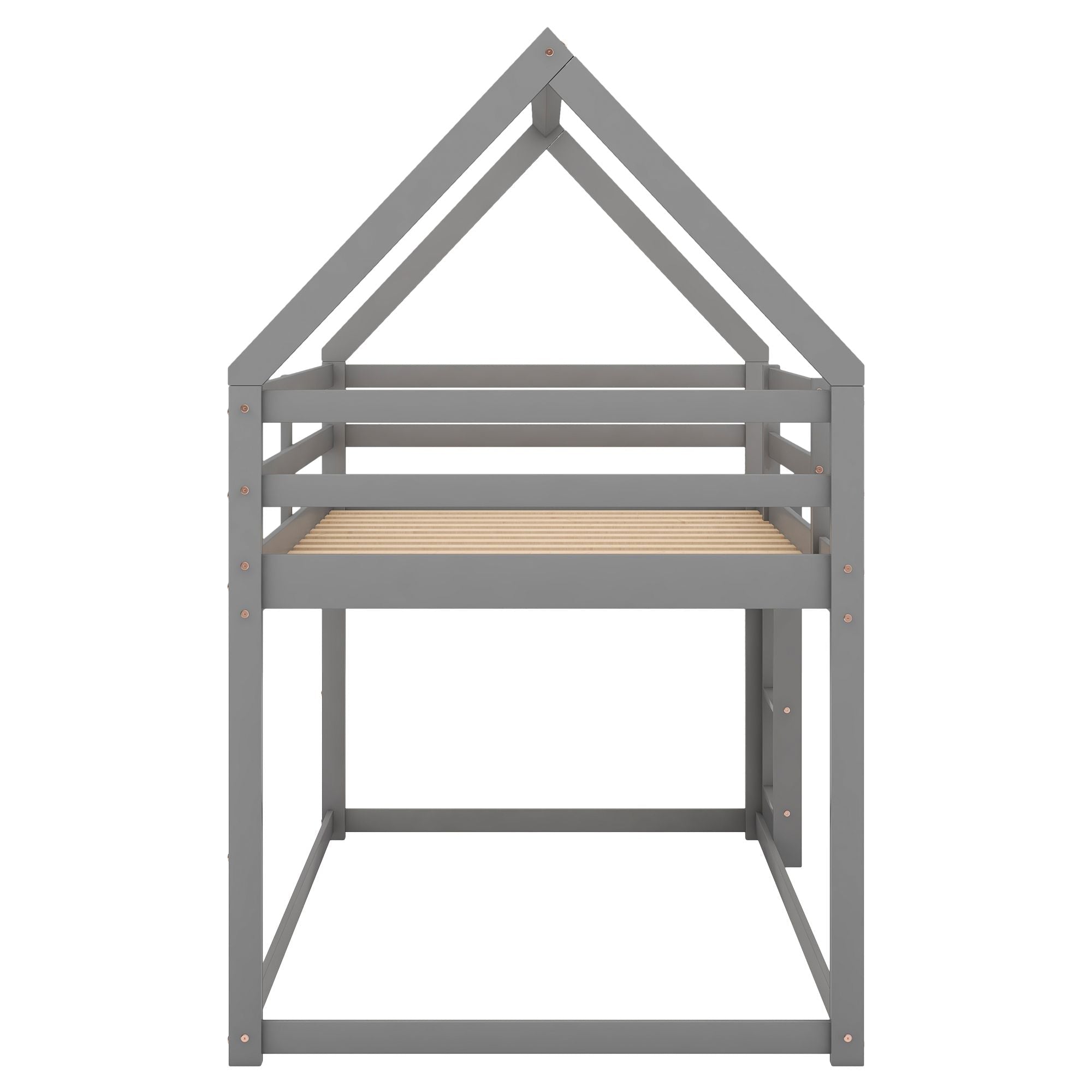 Kids Shared Room Twin Over Twin Low Wood Bunk Bed with House Frame and Ladder, Gray | Just Better Bunk Beds