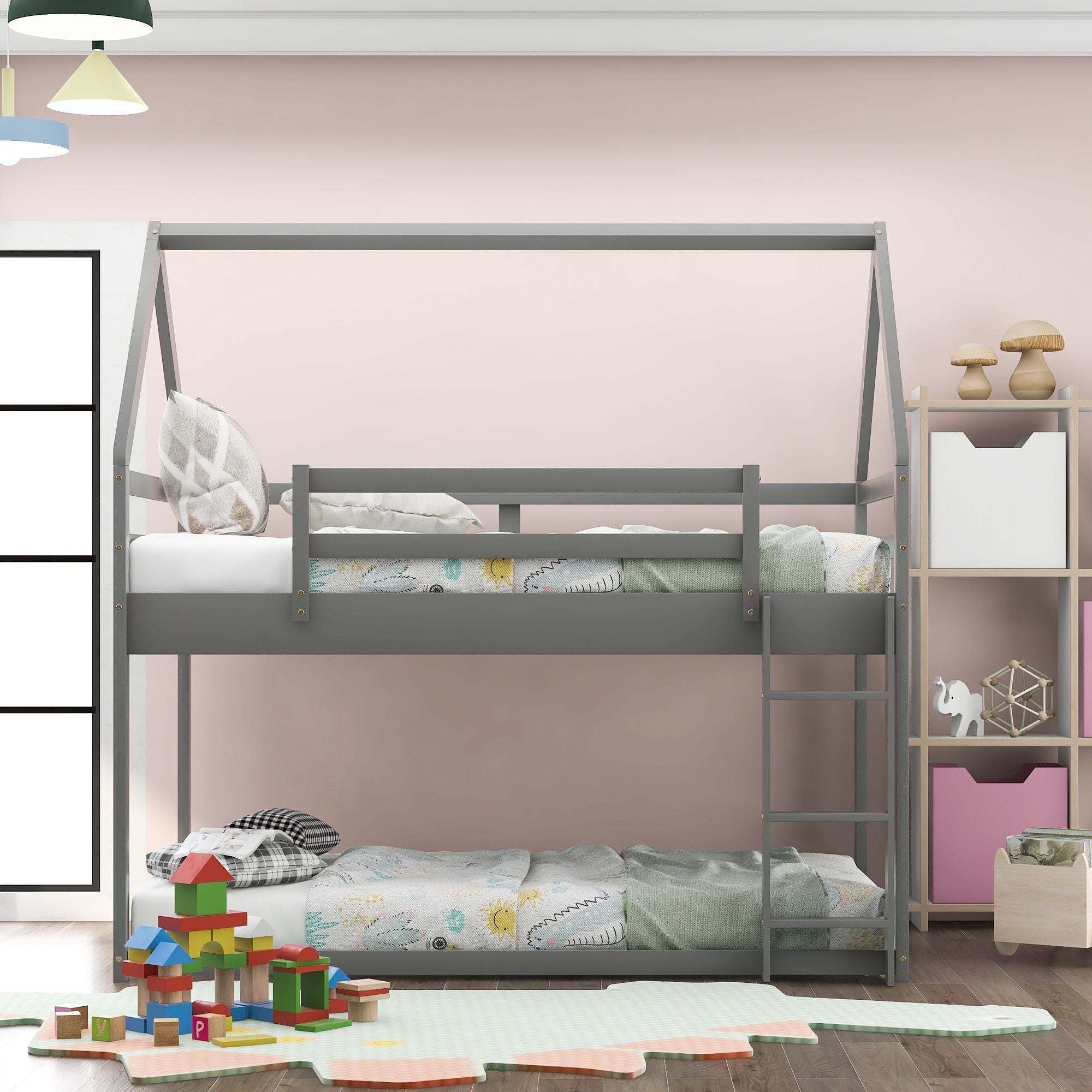 Kids Shared Room Twin Over Twin Low Wood Bunk Bed with House Frame and Ladder, Gray | Just Better Bunk Beds