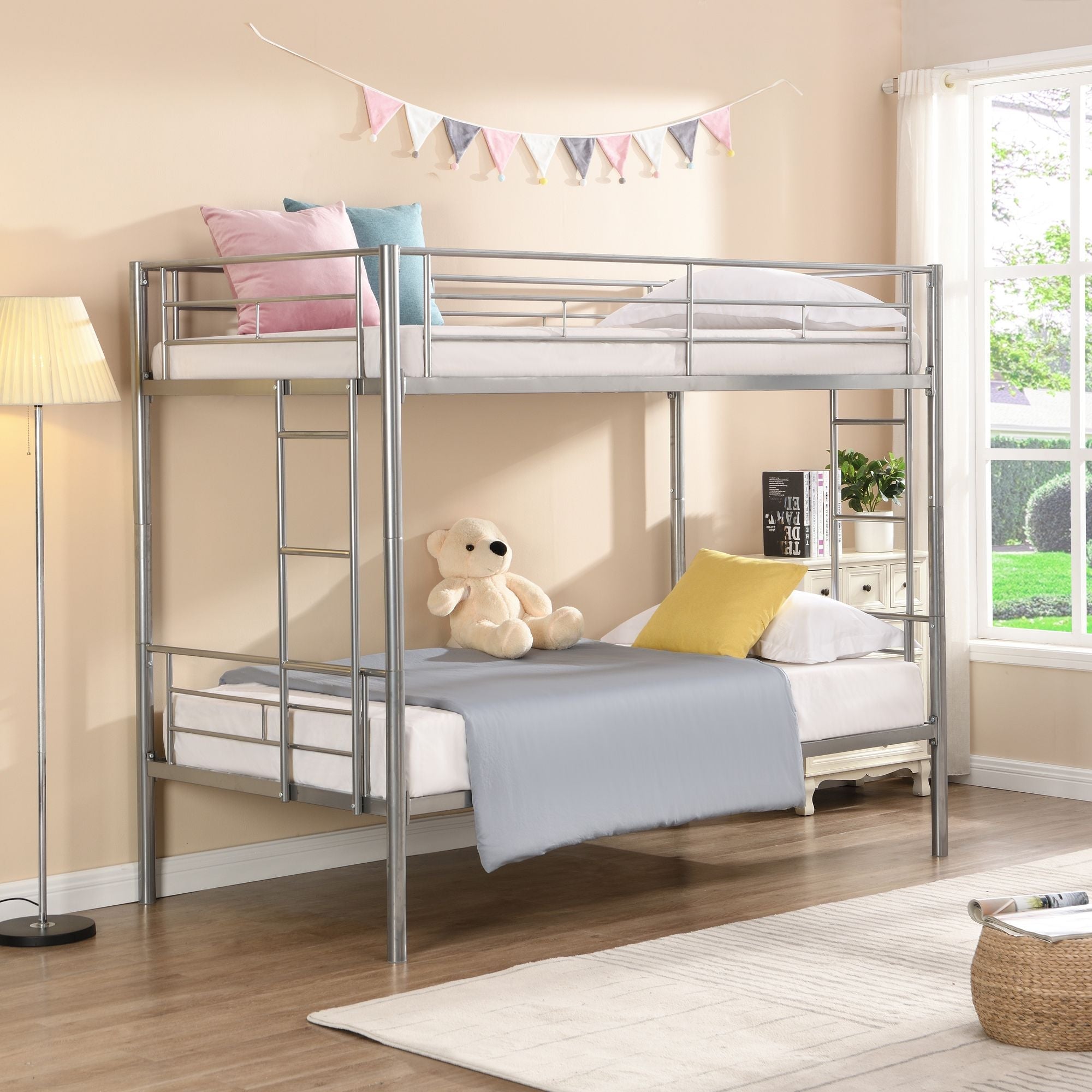 Kids Shared Room Twin Over Twin Metal Bunk Bed with 2 Ladders and Full-Length Guardrail, Black | Just Better Bunk Beds