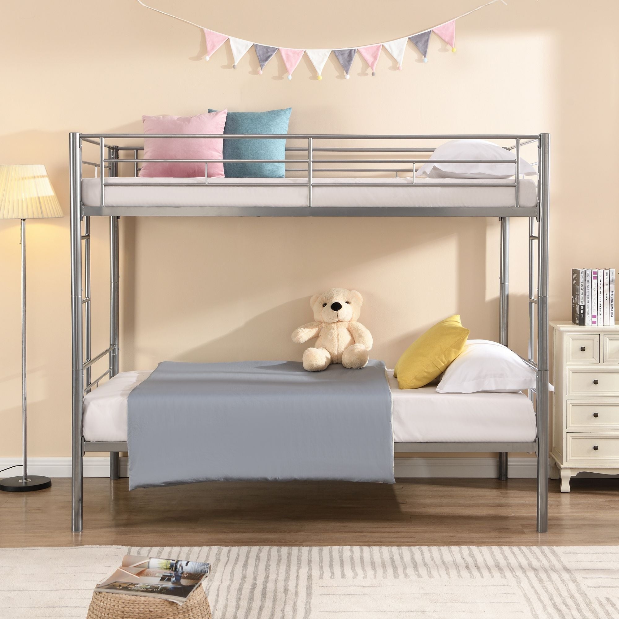 Kids Shared Room Twin Over Twin Metal Bunk Bed with 2 Ladders and Full-Length Guardrail, Black | Just Better Bunk Beds
