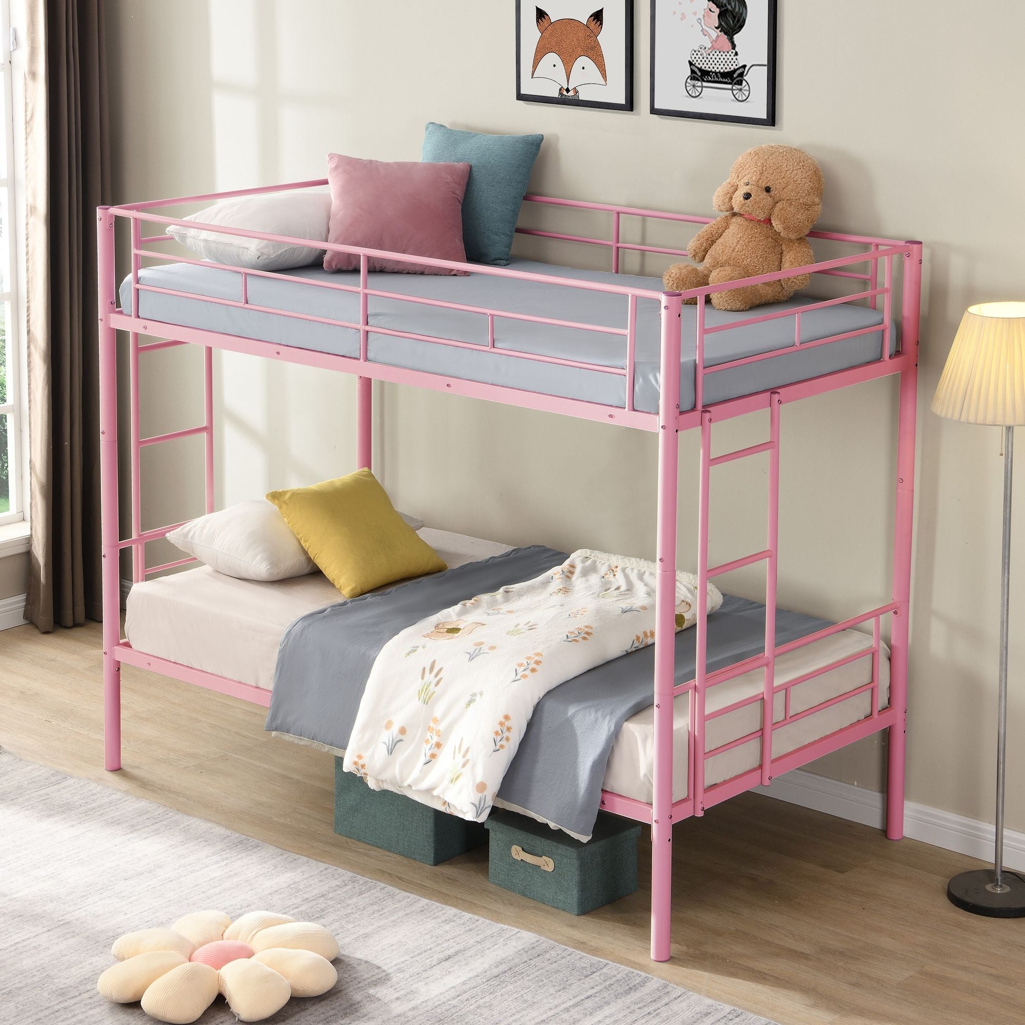 Kids Shared Room Twin Over Twin Metal Bunk Bed with 2 Ladders and Full-Length Guardrail, Black | Just Better Bunk Beds