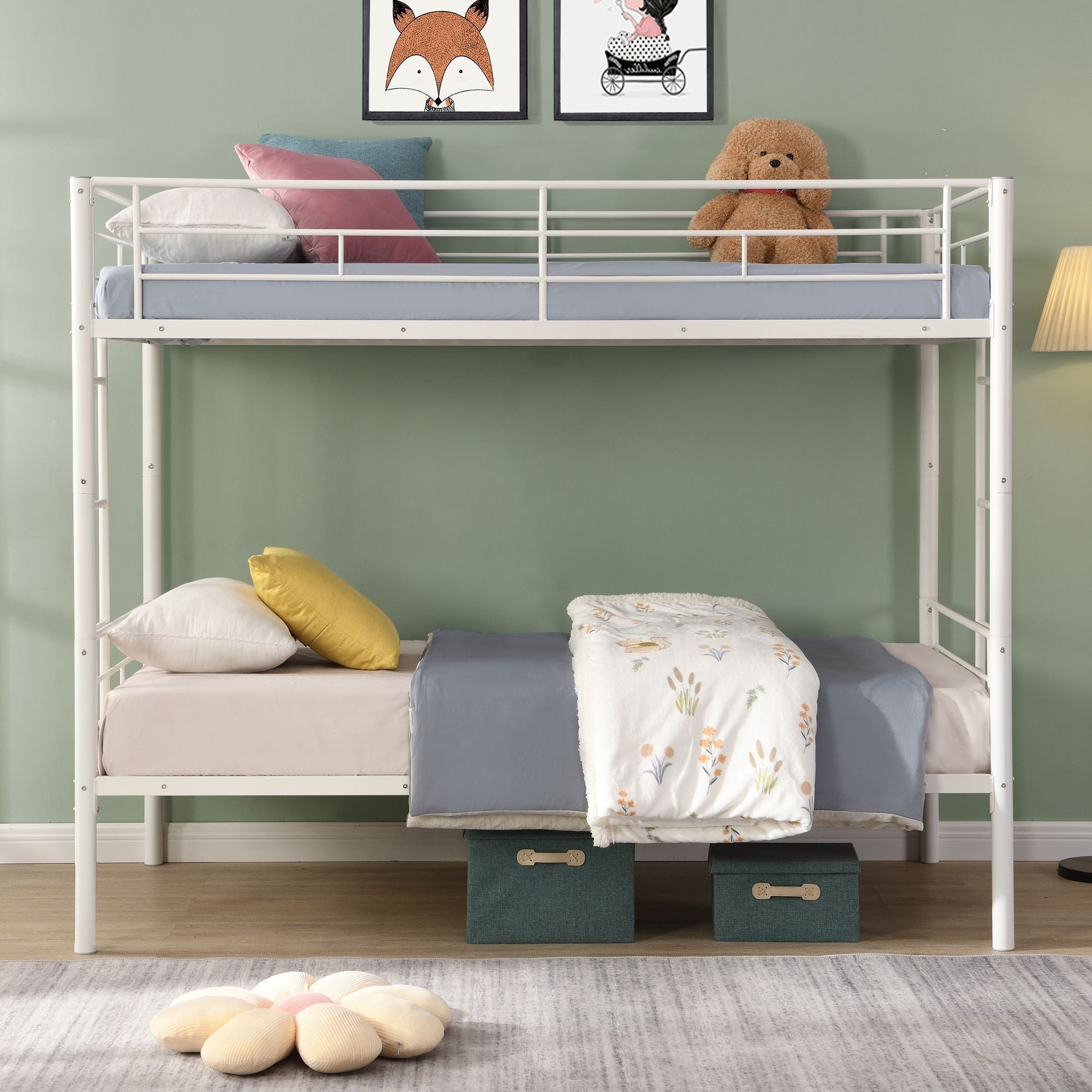 Kids Shared Room Twin Over Twin Metal Bunk Bed with 2 Ladders and Full-Length Guardrail, Black | Just Better Bunk Beds