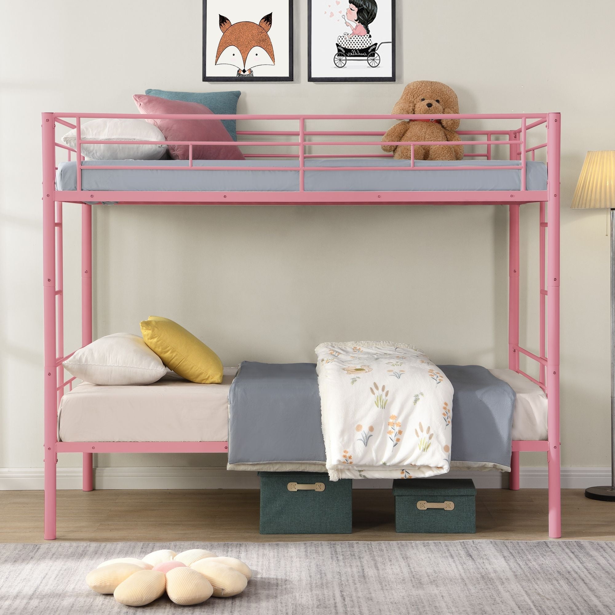 Kids Shared Room Twin Over Twin Metal Bunk Bed with 2 Ladders and Full-Length Guardrail, Black | Just Better Bunk Beds