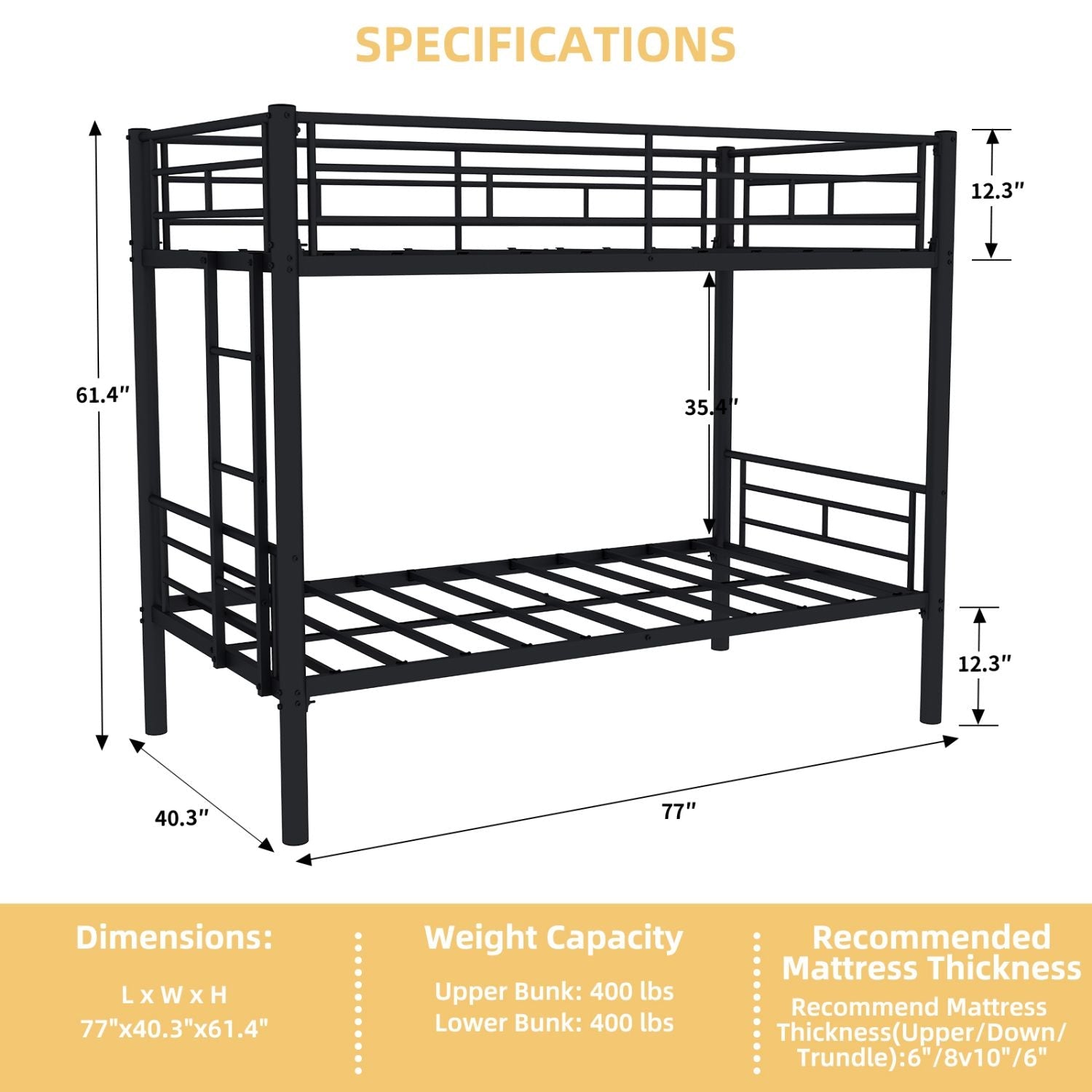 Kids Shared Room Twin Over Twin Metal Bunk Bed with Ladder, Guardrail, Convertible Design in Black | Just Better Bunk Beds