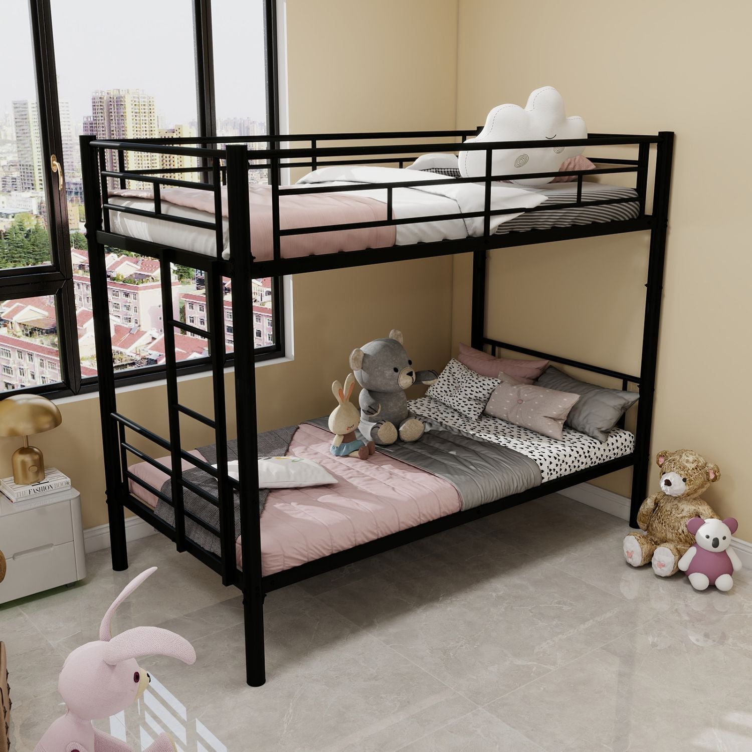 Kids Shared Room Twin Over Twin Metal Bunk Bed with Ladder, Guardrail, Convertible Design in Black | Just Better Bunk Beds
