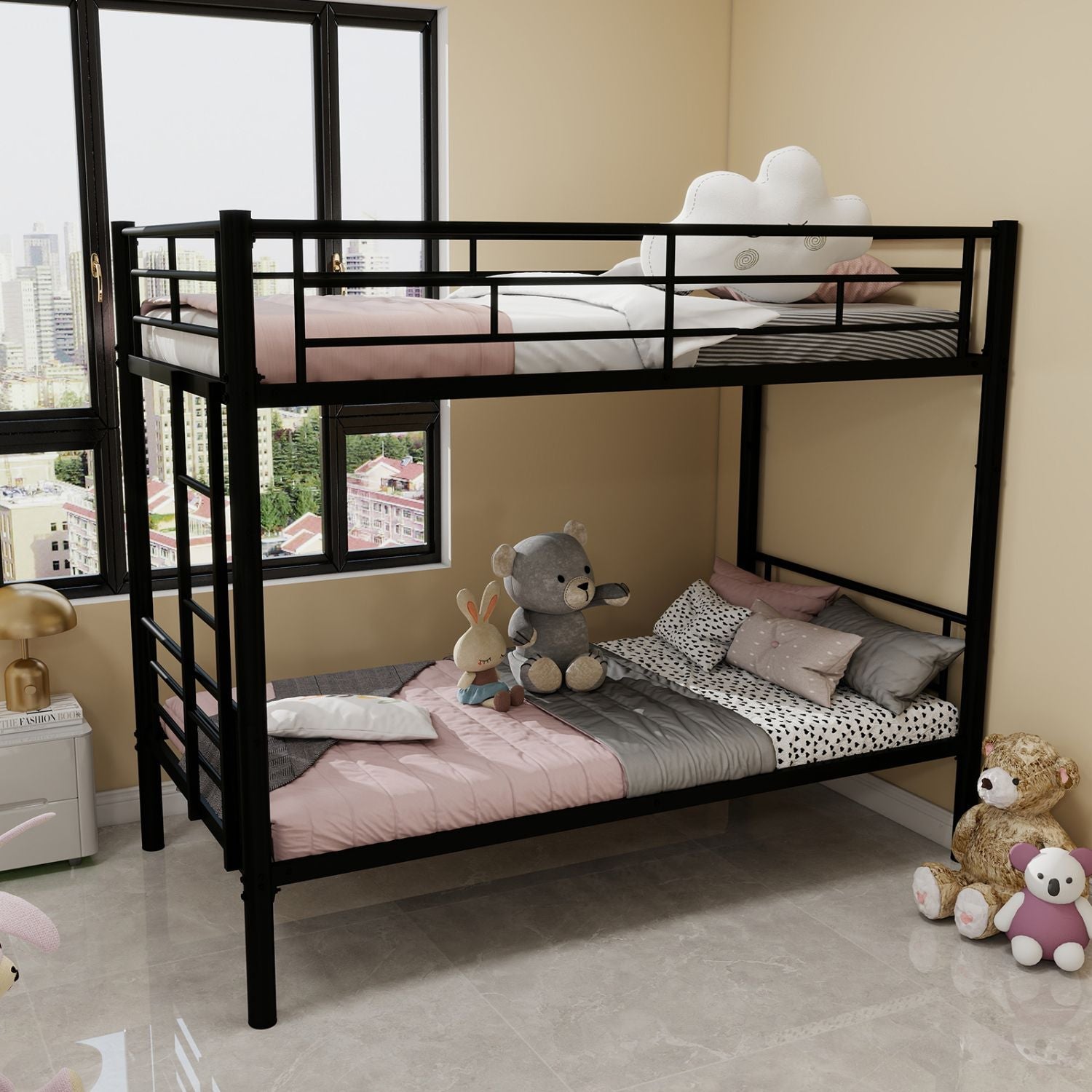 Kids Shared Room Twin Over Twin Metal Bunk Bed with Ladder, Guardrail, Convertible Design in Black | Just Better Bunk Beds