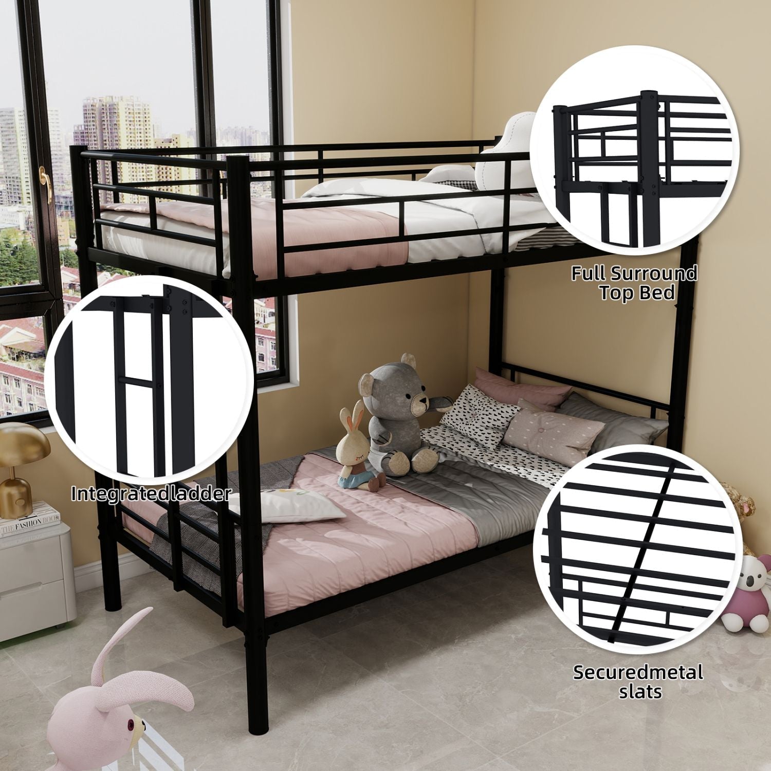 Kids Shared Room Twin Over Twin Metal Bunk Bed with Ladder, Guardrail, Convertible Design in Black | Just Better Bunk Beds