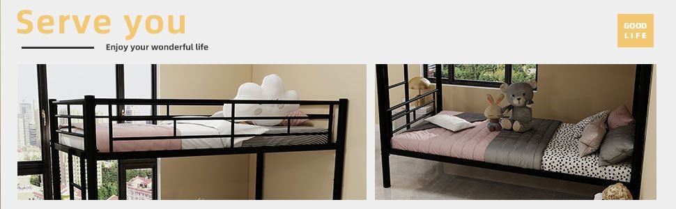 Kids Shared Room Twin Over Twin Metal Bunk Bed with Ladder, Guardrail, Convertible Design in Black | Just Better Bunk Beds