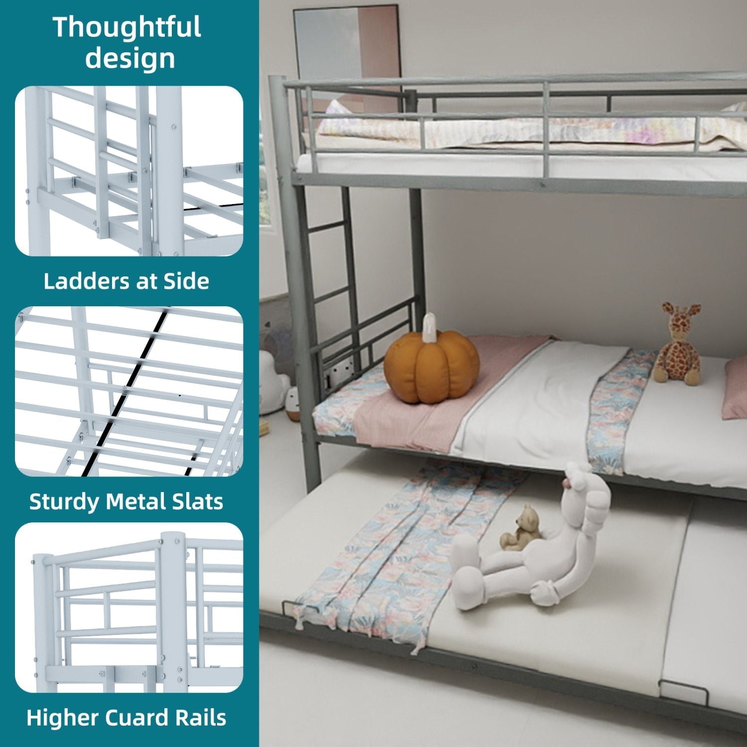 Kids Shared Room Twin Over Twin Metal Bunk Bed with Safety Guardrails, Noise-Reduced Silver Finish | Just Better Bunk Beds