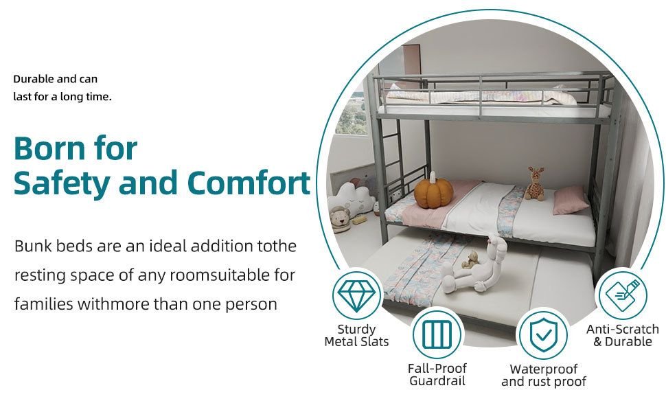 Kids Shared Room Twin Over Twin Metal Bunk Bed with Safety Guardrails, Noise-Reduced Silver Finish | Just Better Bunk Beds