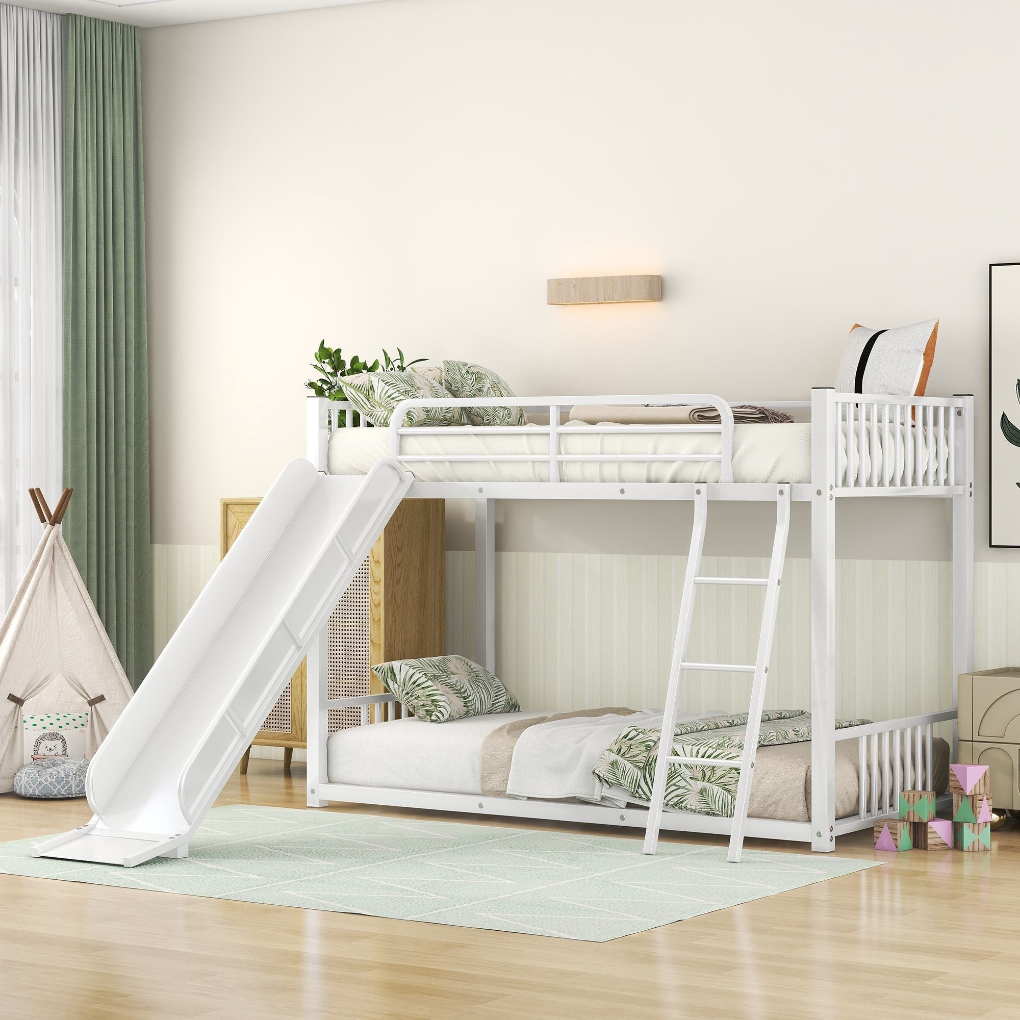 Kids Shared Room Twin Over Twin Metal Bunk Bed with Slide, Ladder, White or Black | Just Better Bunk Beds