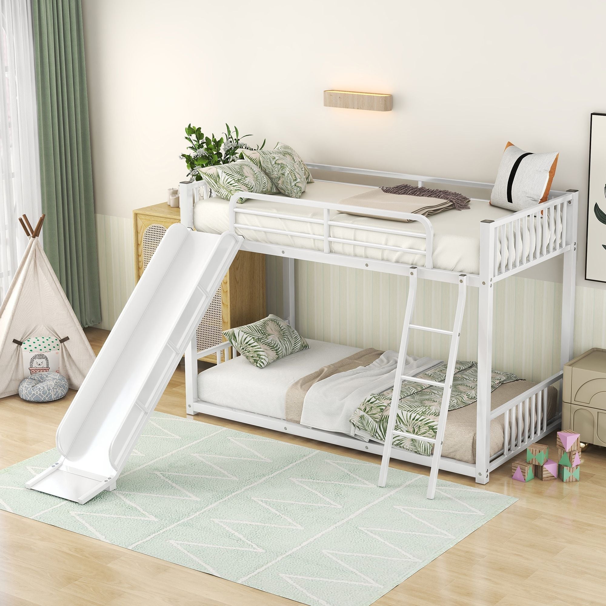 Kids Shared Room Twin Over Twin Metal Bunk Bed with Slide, Ladder, White or Black | Just Better Bunk Beds
