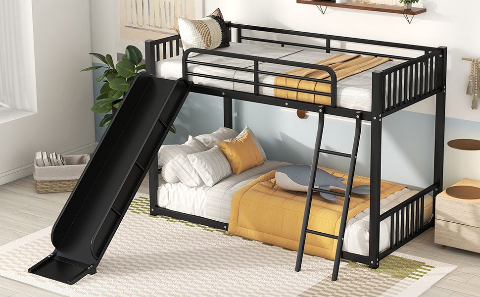 Kids Shared Room Twin Over Twin Metal Bunk Bed with Slide, Ladder, White or Black | Just Better Bunk Beds