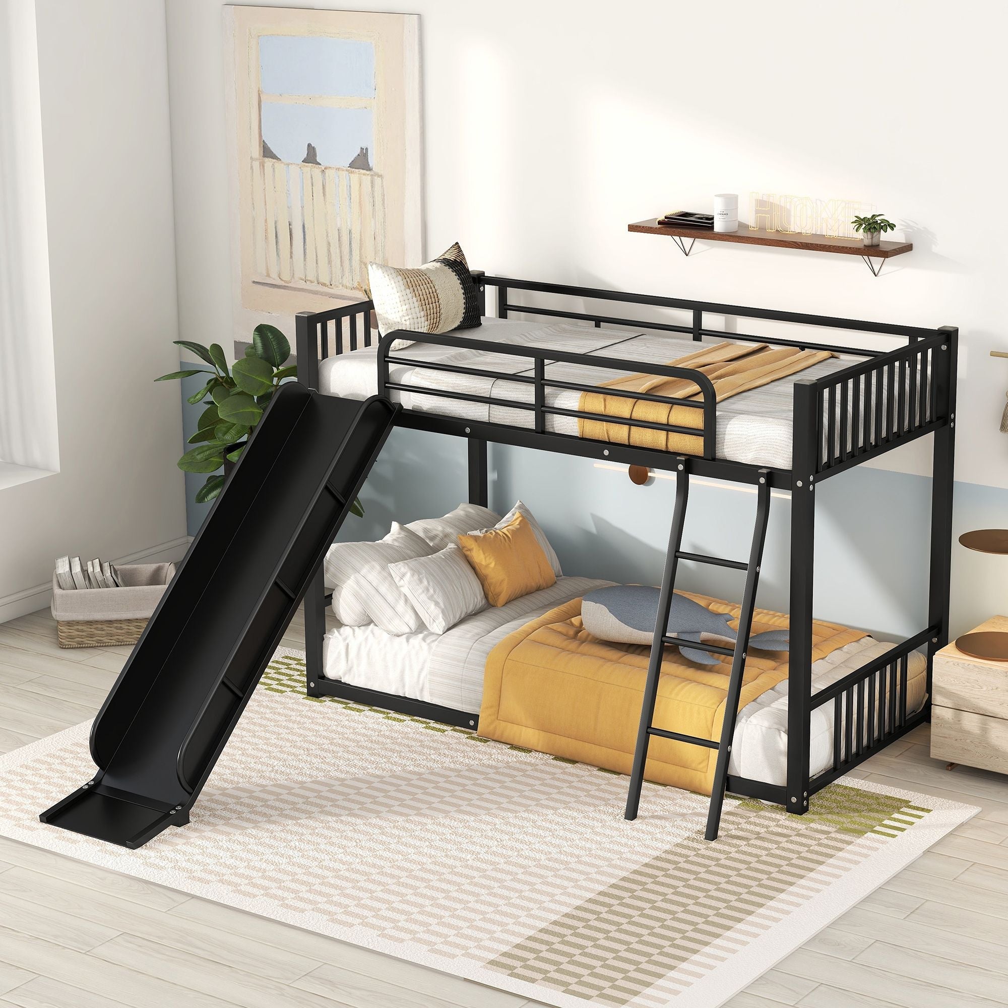 Kids Shared Room Twin Over Twin Metal Bunk Bed with Slide, Ladder, White or Black | Just Better Bunk Beds